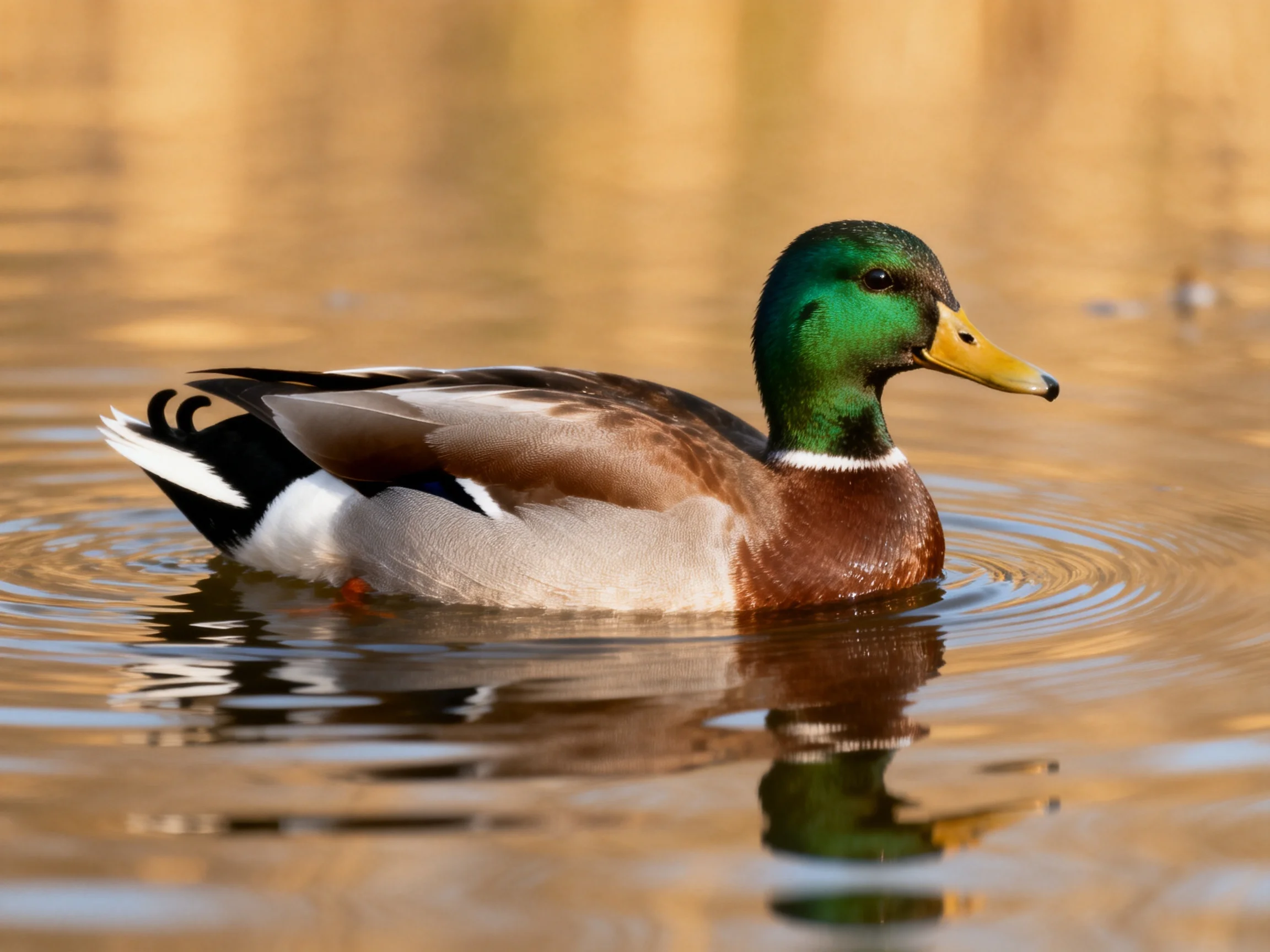 A mallard duck glides through warm-toned water