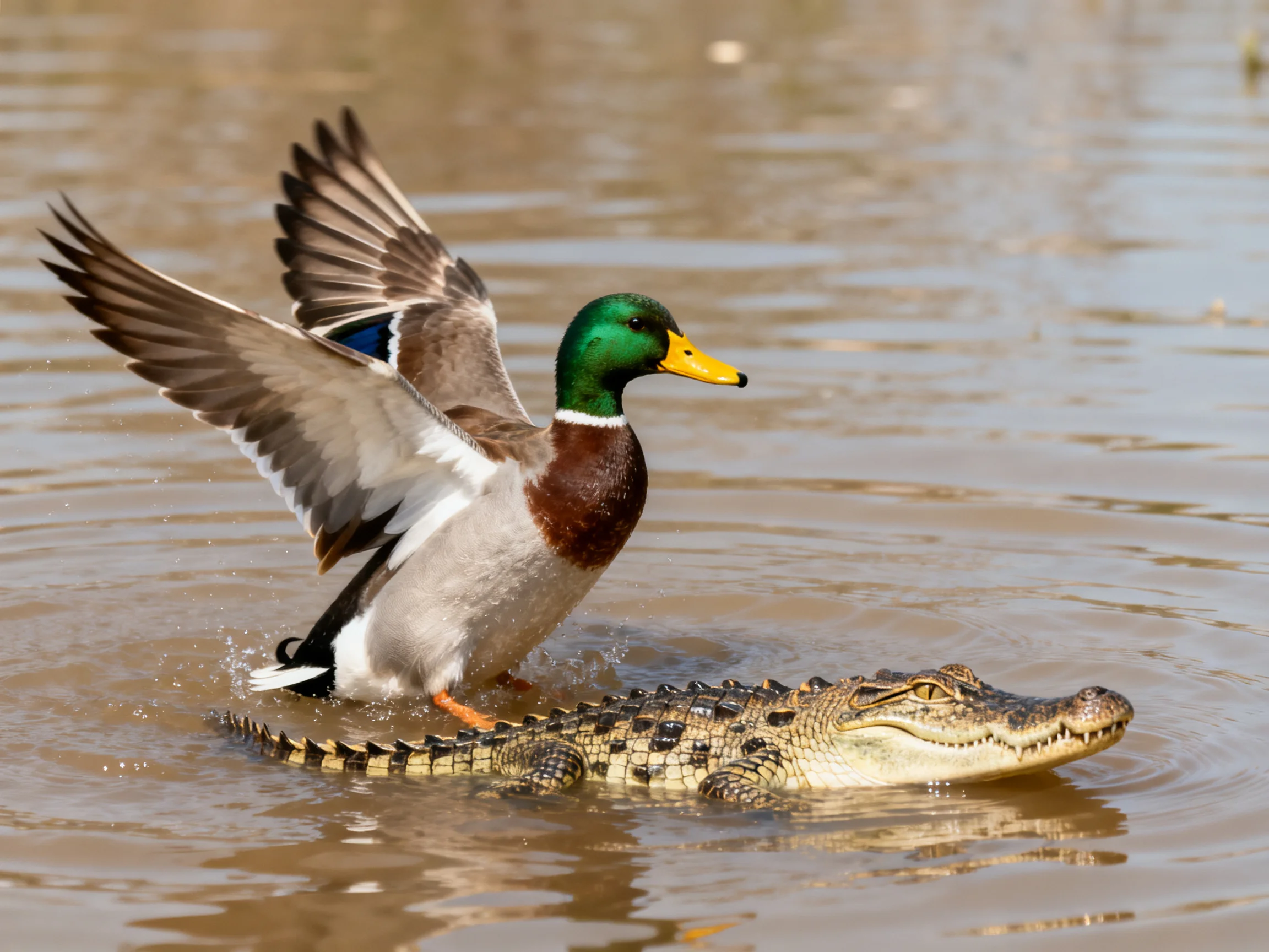 A mallard duck landing near a small crocodile in brown water