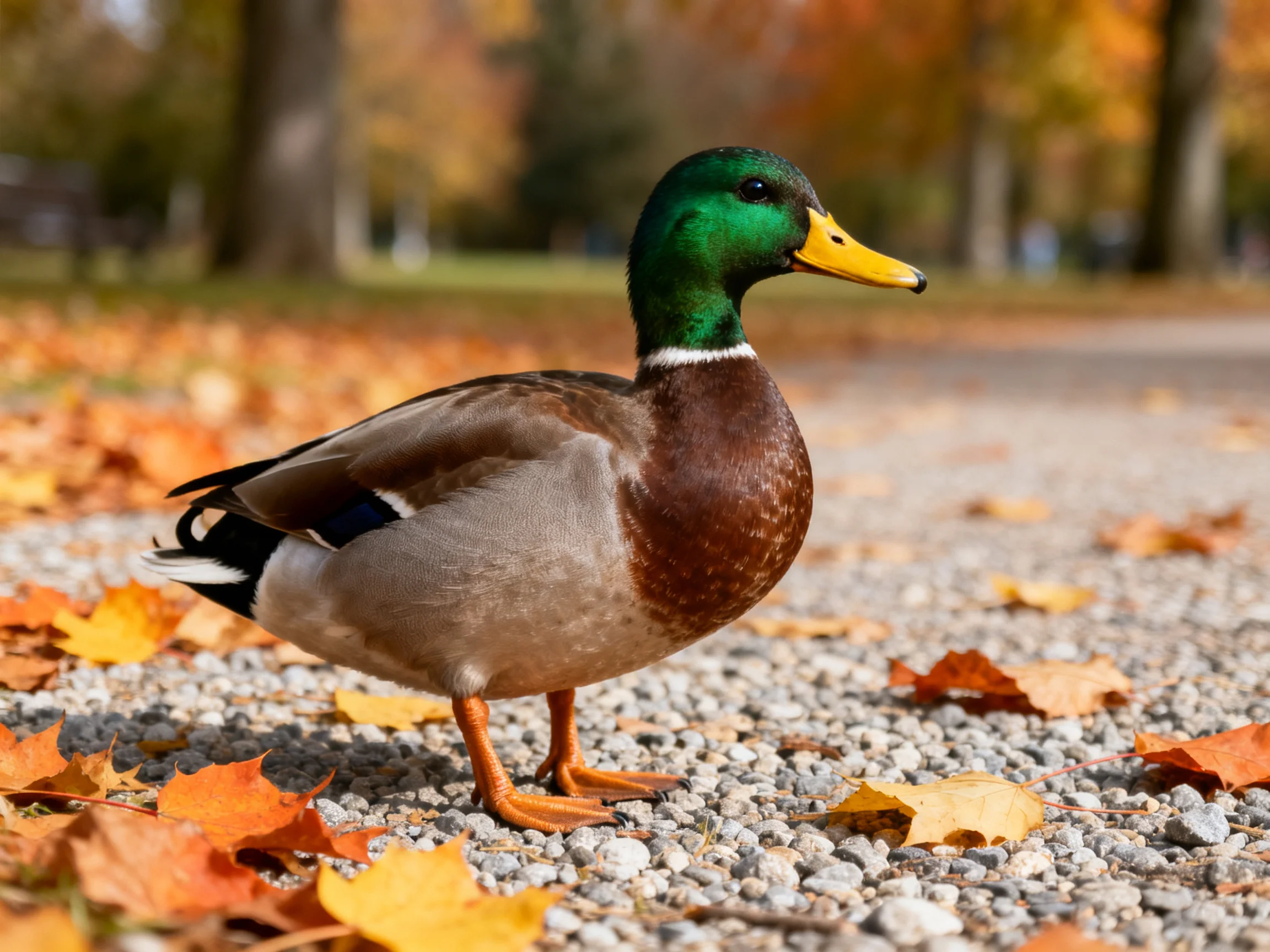 A mallard duck on a gravel path amid autumn leaves