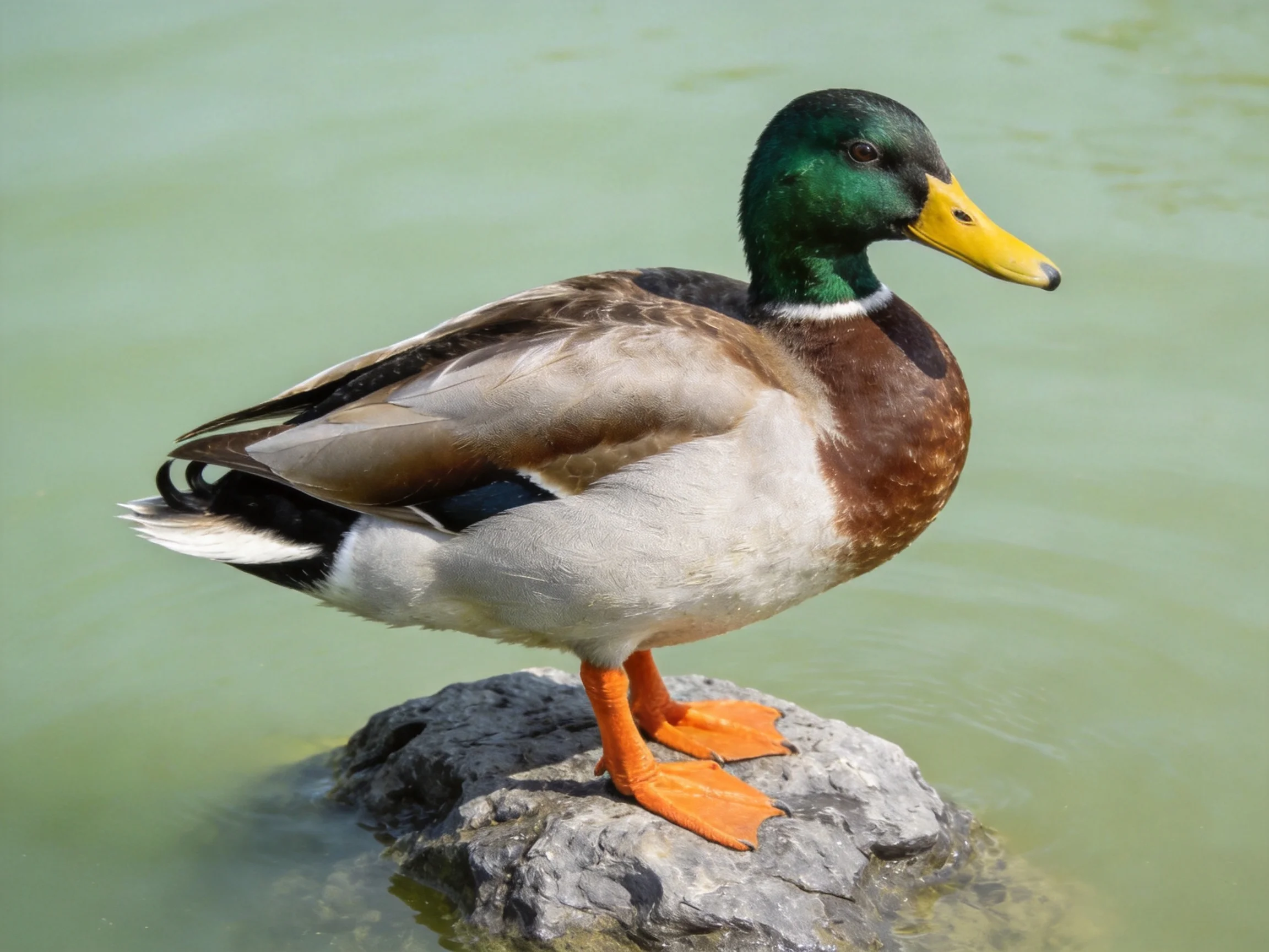 A mallard duck perched on a gray rock by calm green water