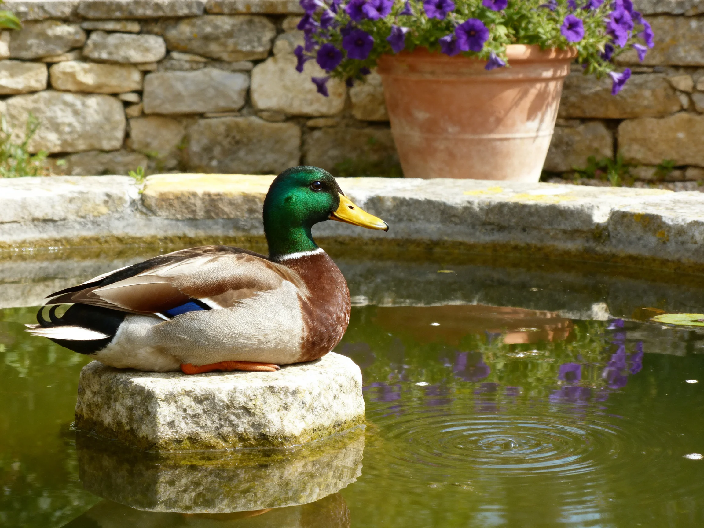 A mallard duck resting on a stone in a tranquil pond with purple flowers
