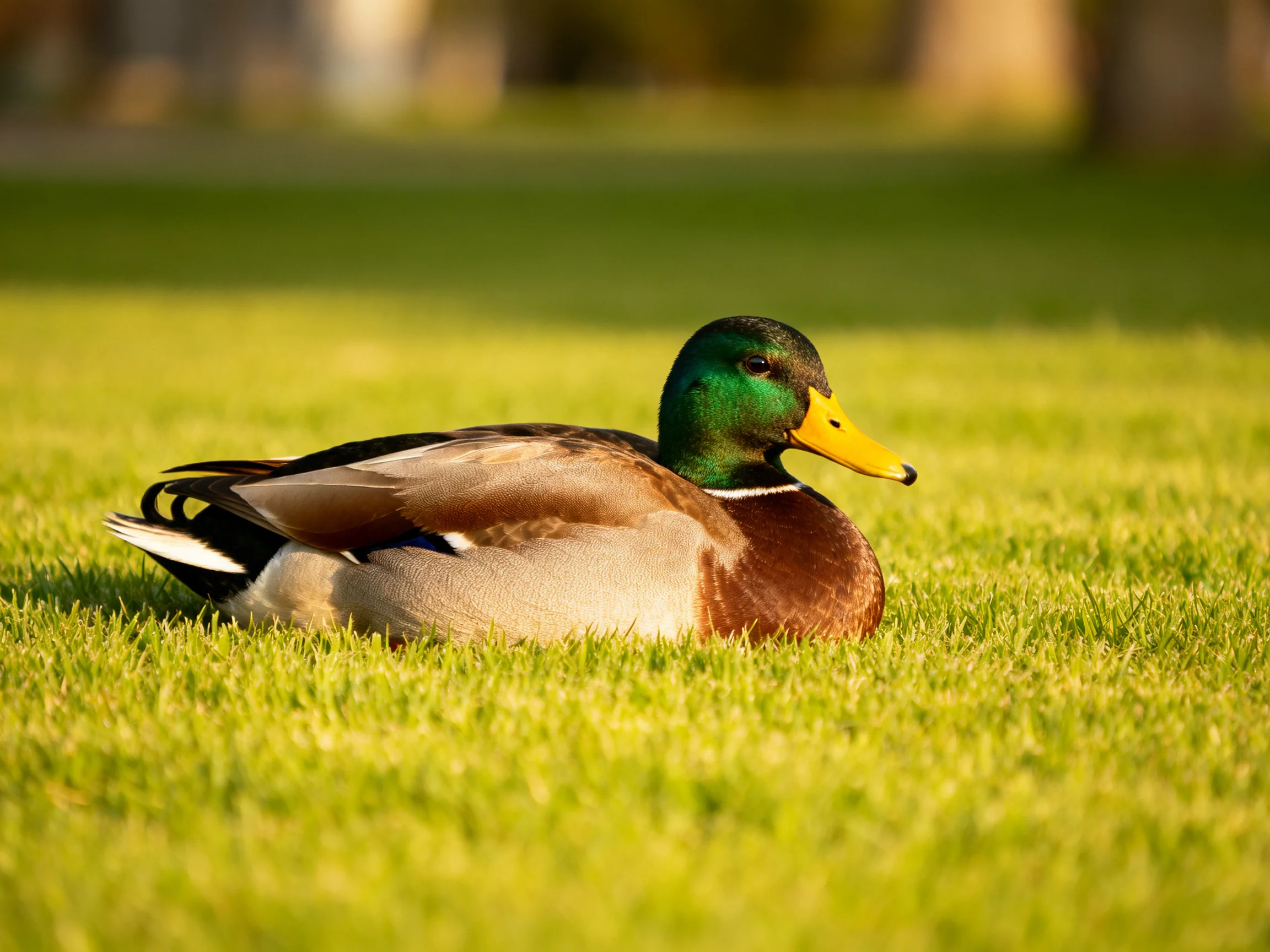 A mallard duck rests calmly on a patch of bright green grass.