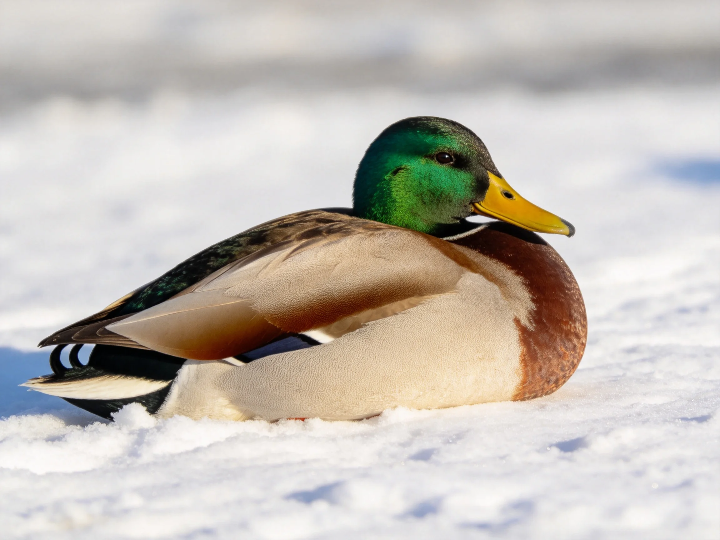A mallard duck rests on a bright snowy landscape