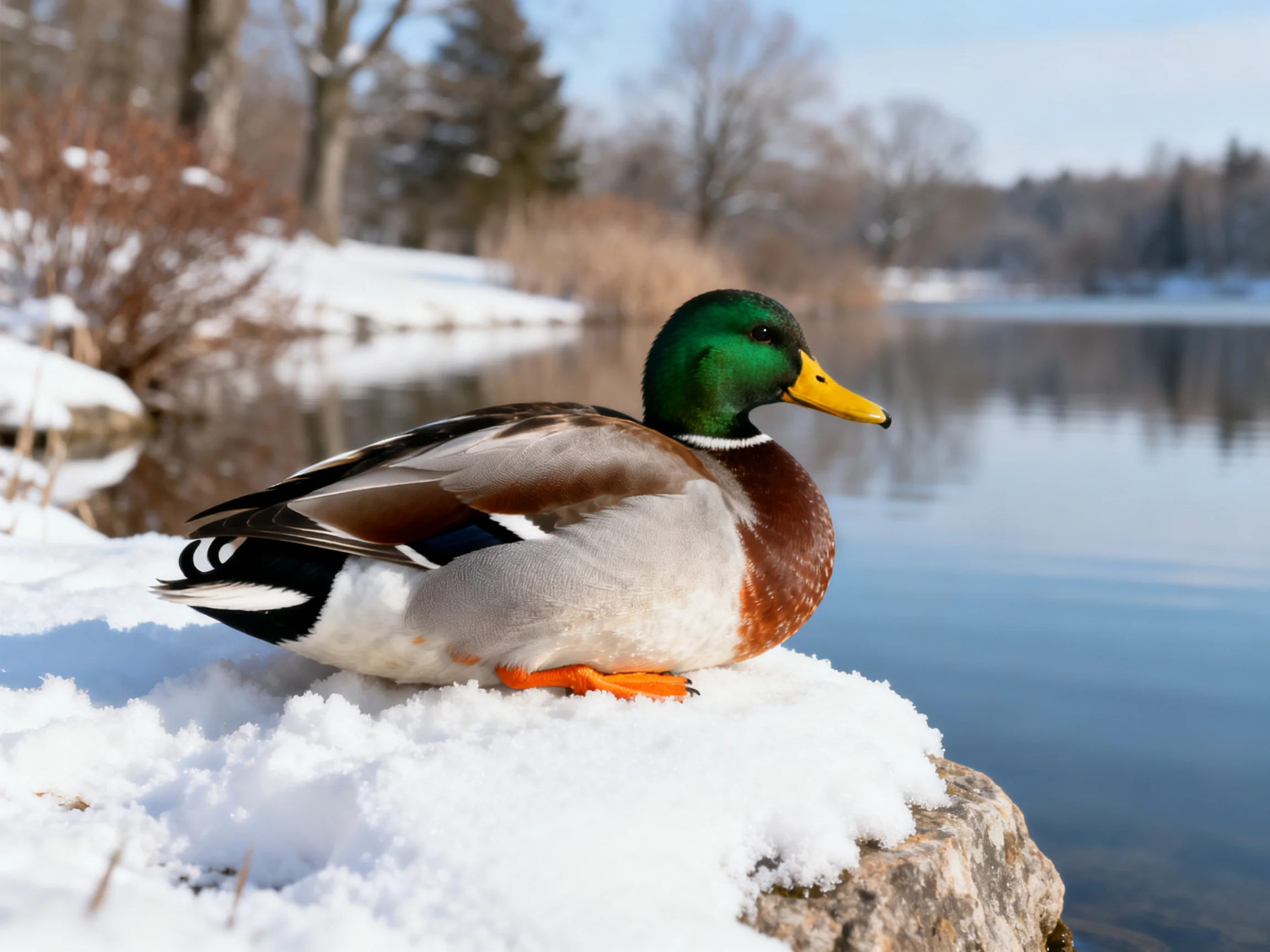 A mallard duck rests on snow-laden rocks beside calm waters