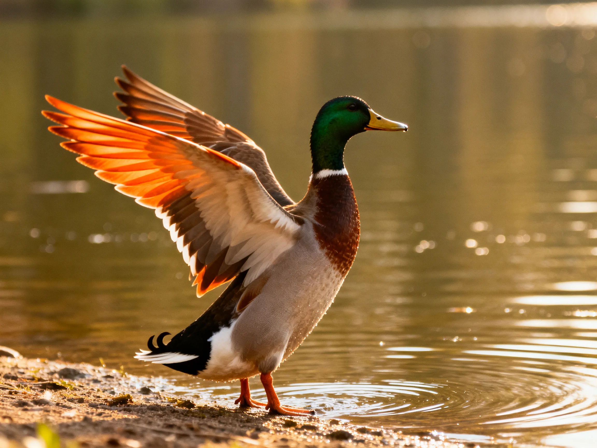 A mallard duck spreads its colorful wings beside a tranquil body of water.