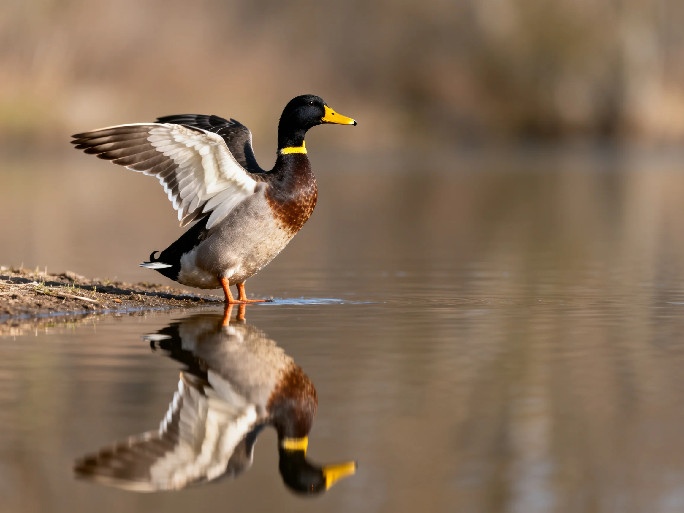 A mallard duck spreading wings by calm water