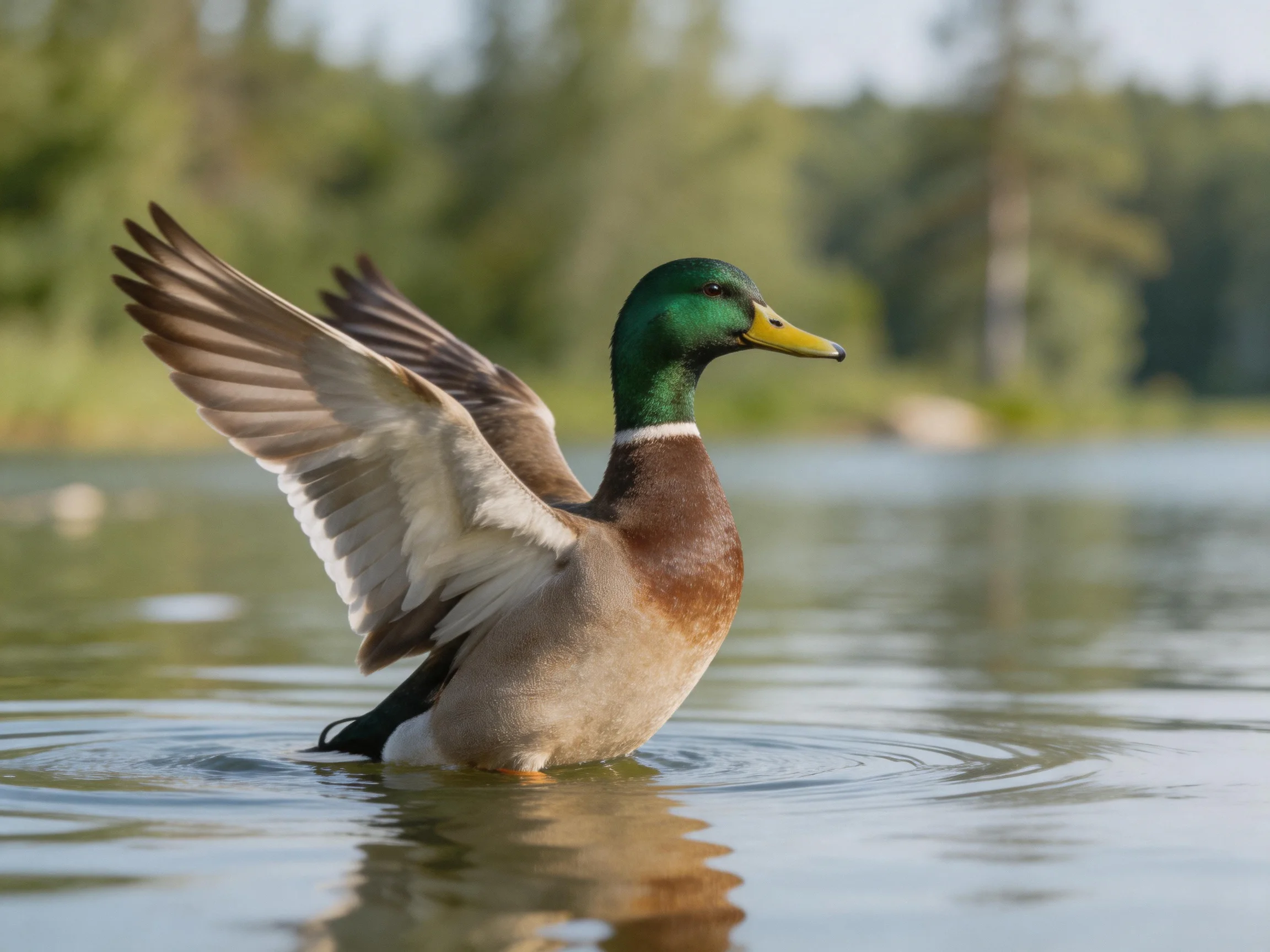 A mallard duck spreading wings in calm lake waters
