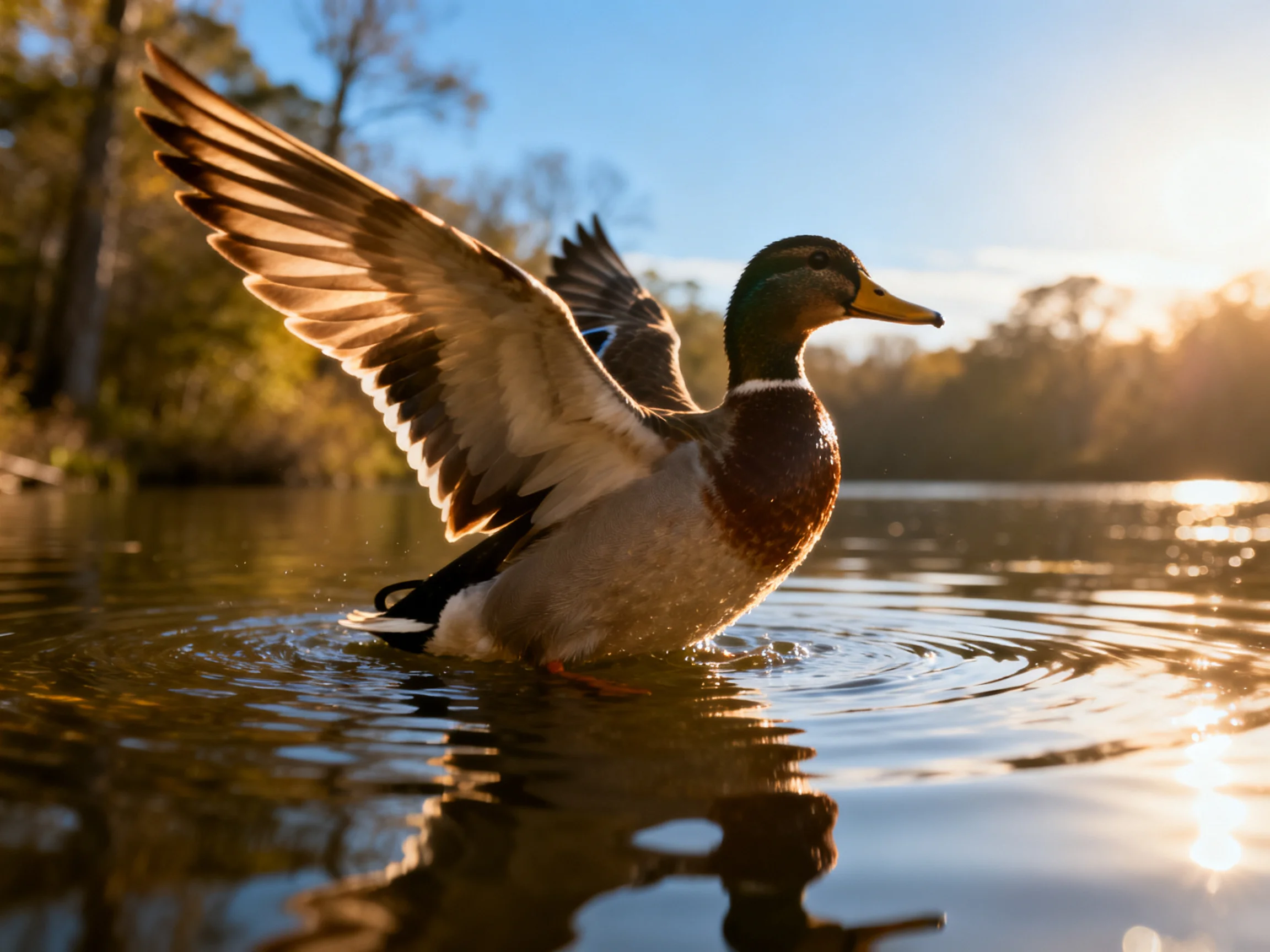 A mallard duck spreading wings in golden sunlight over calm water