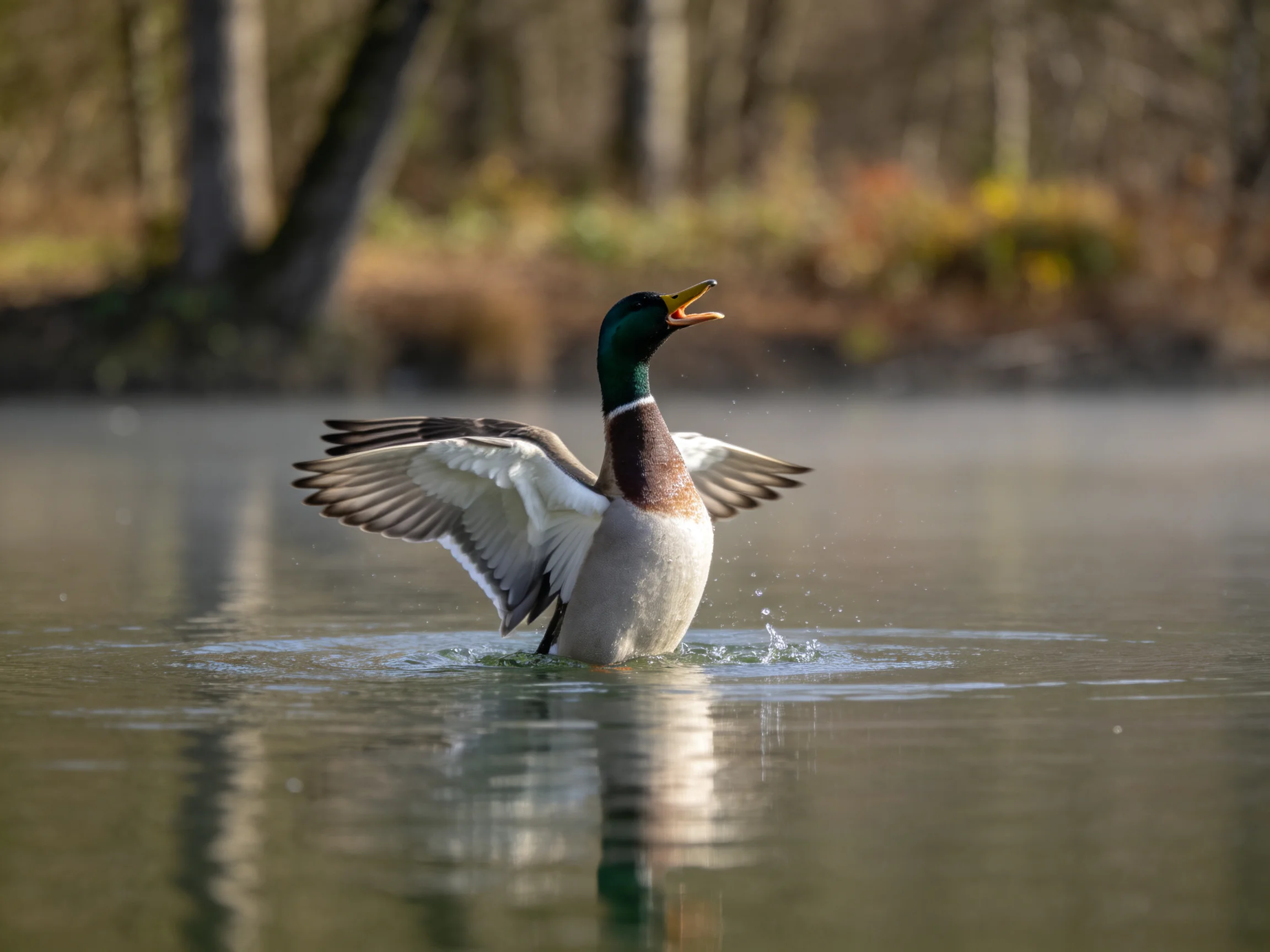 A mallard duck spreading wings in shallow water near wooded terrain