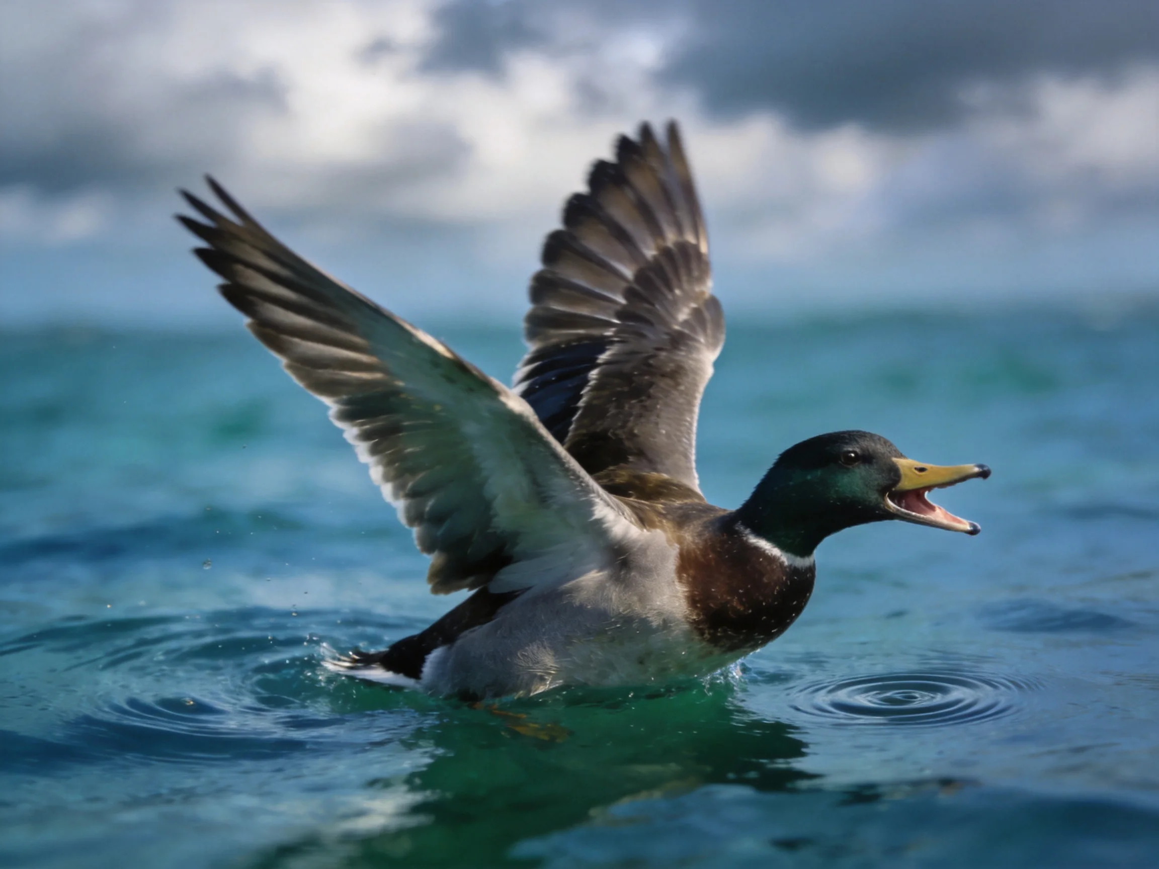 A mallard duck spreading wings over turquoise ocean waters