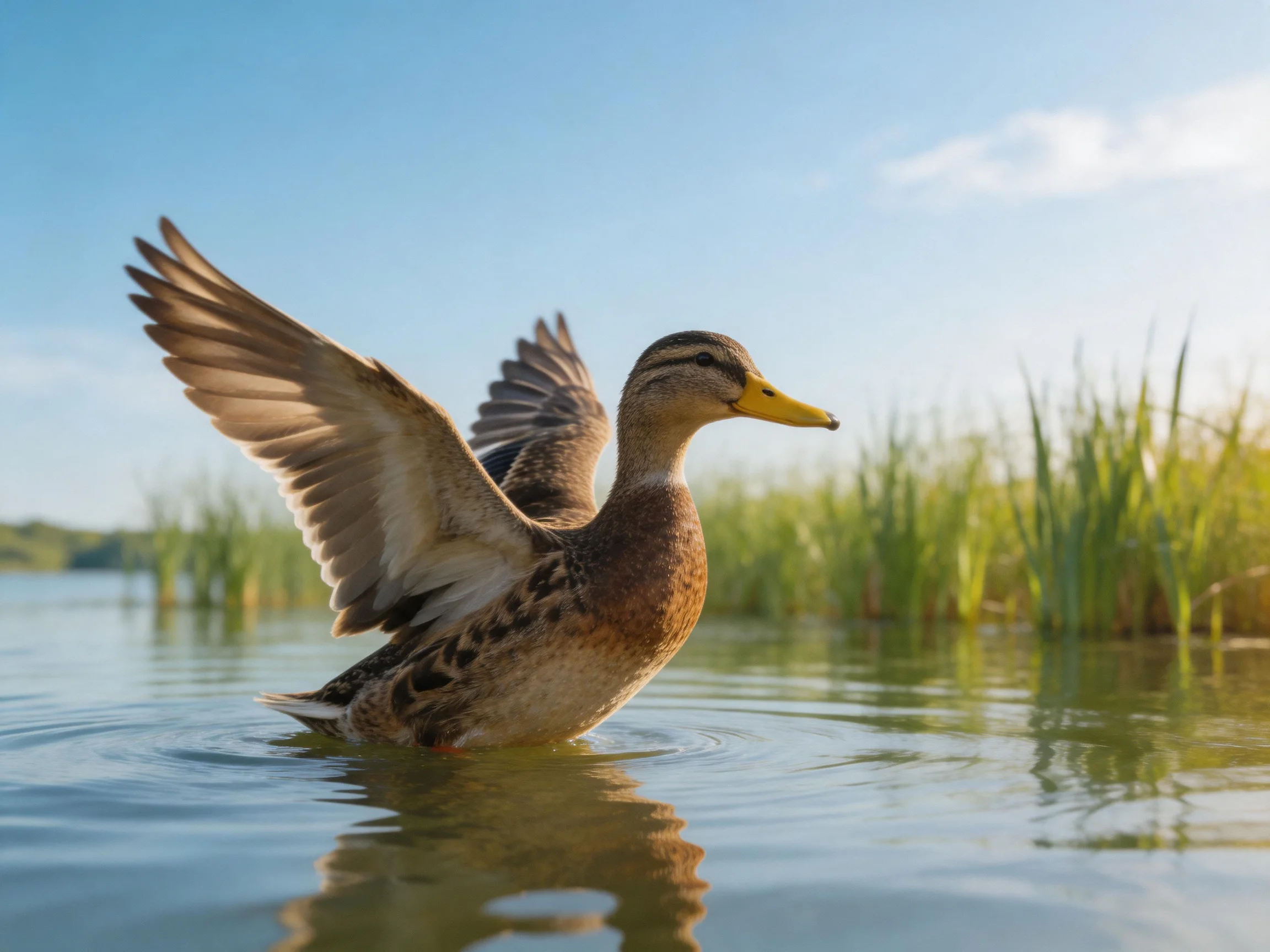A mallard duck spreads wings in calm water near tall green reeds