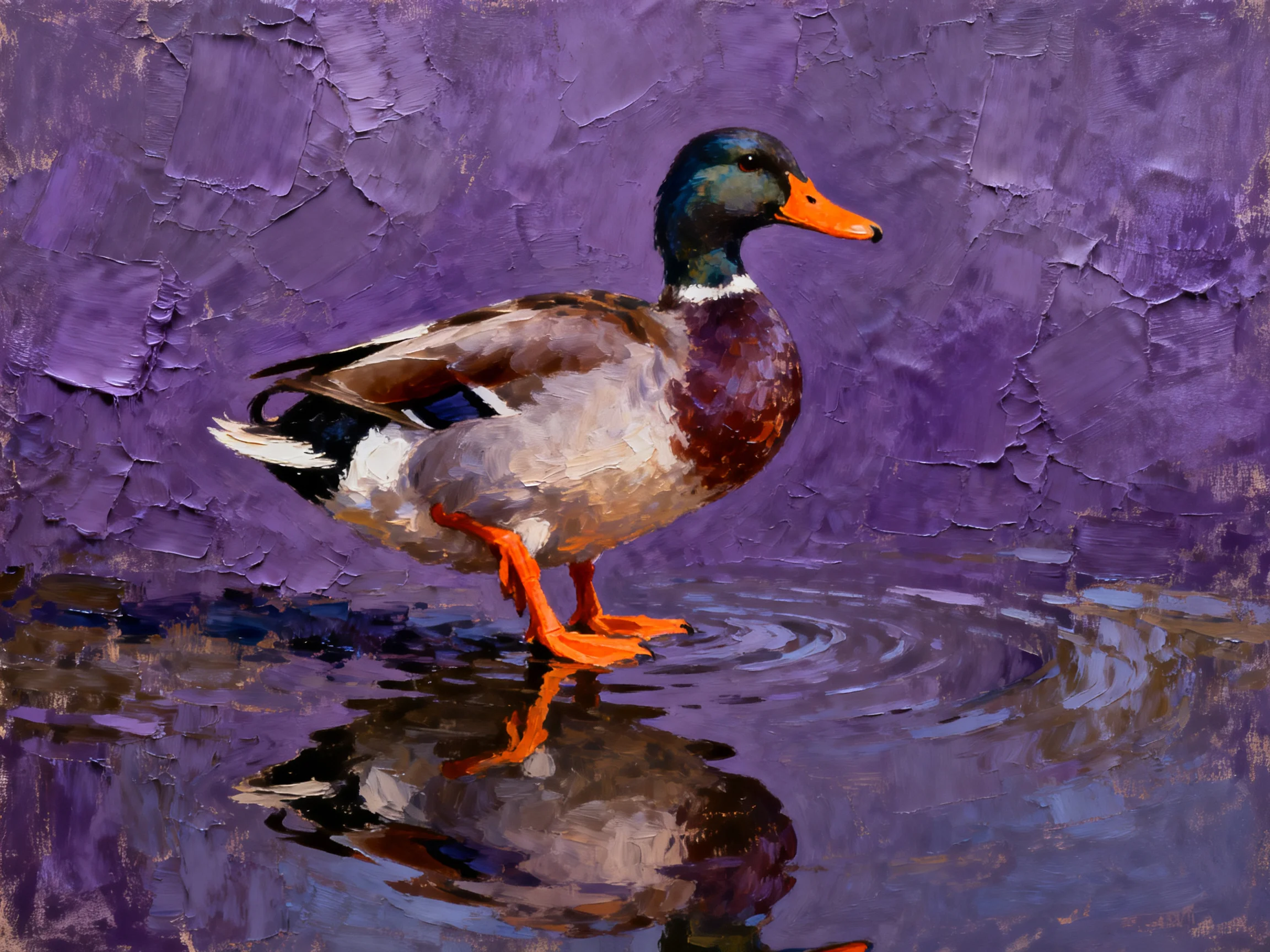 A mallard duck standing in water against a textured purple backdrop