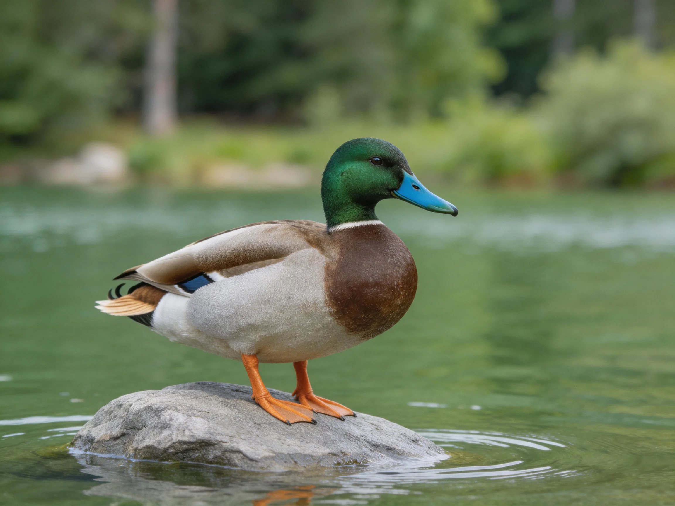 A mallard duck stands on a gray rock in calm green water