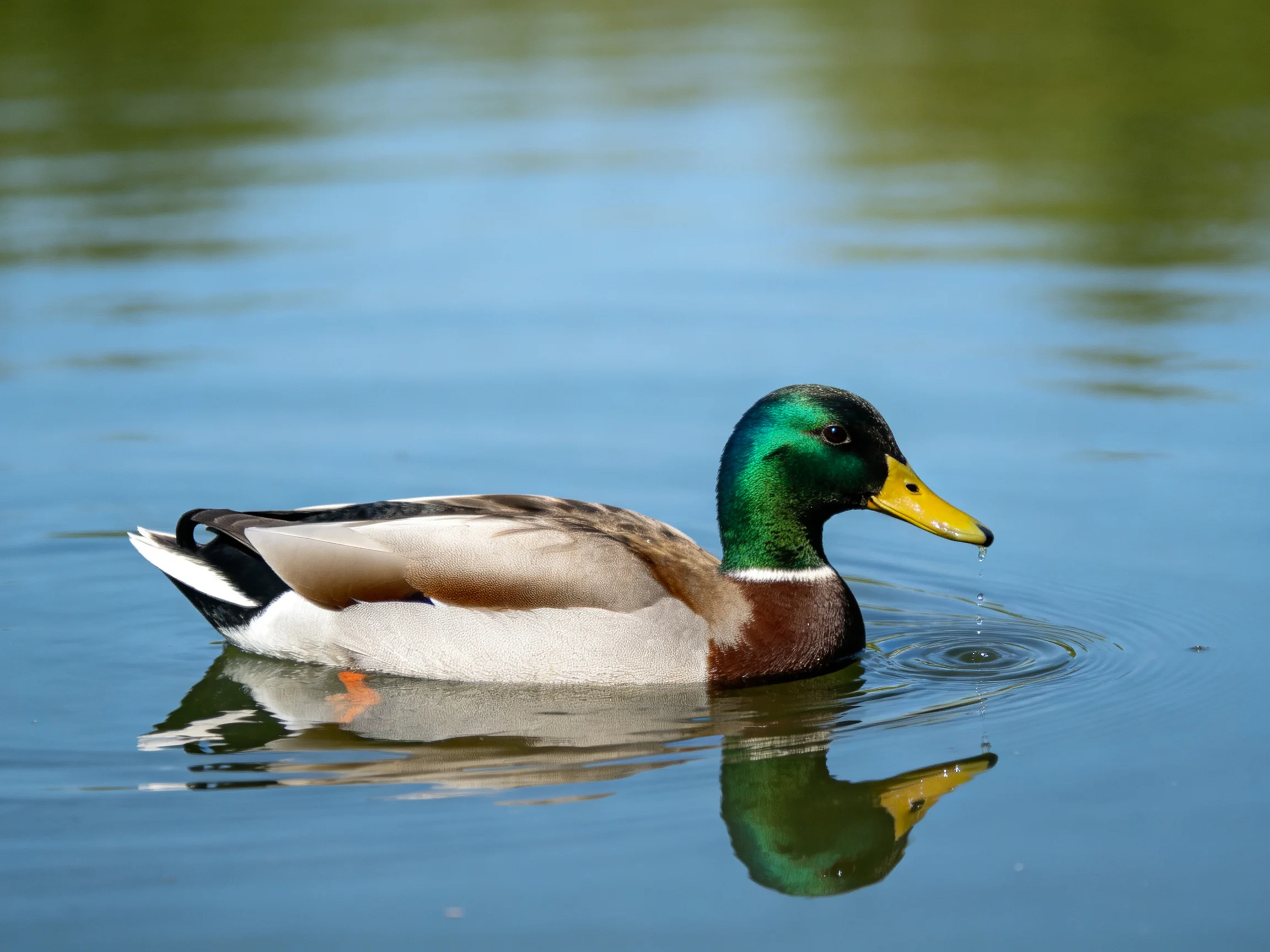 A mallard duck swimming in serene blue water