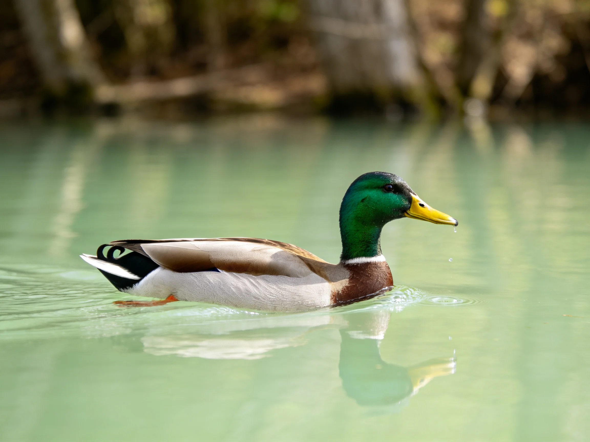 A mallard duck swims gracefully in calm turquoise water