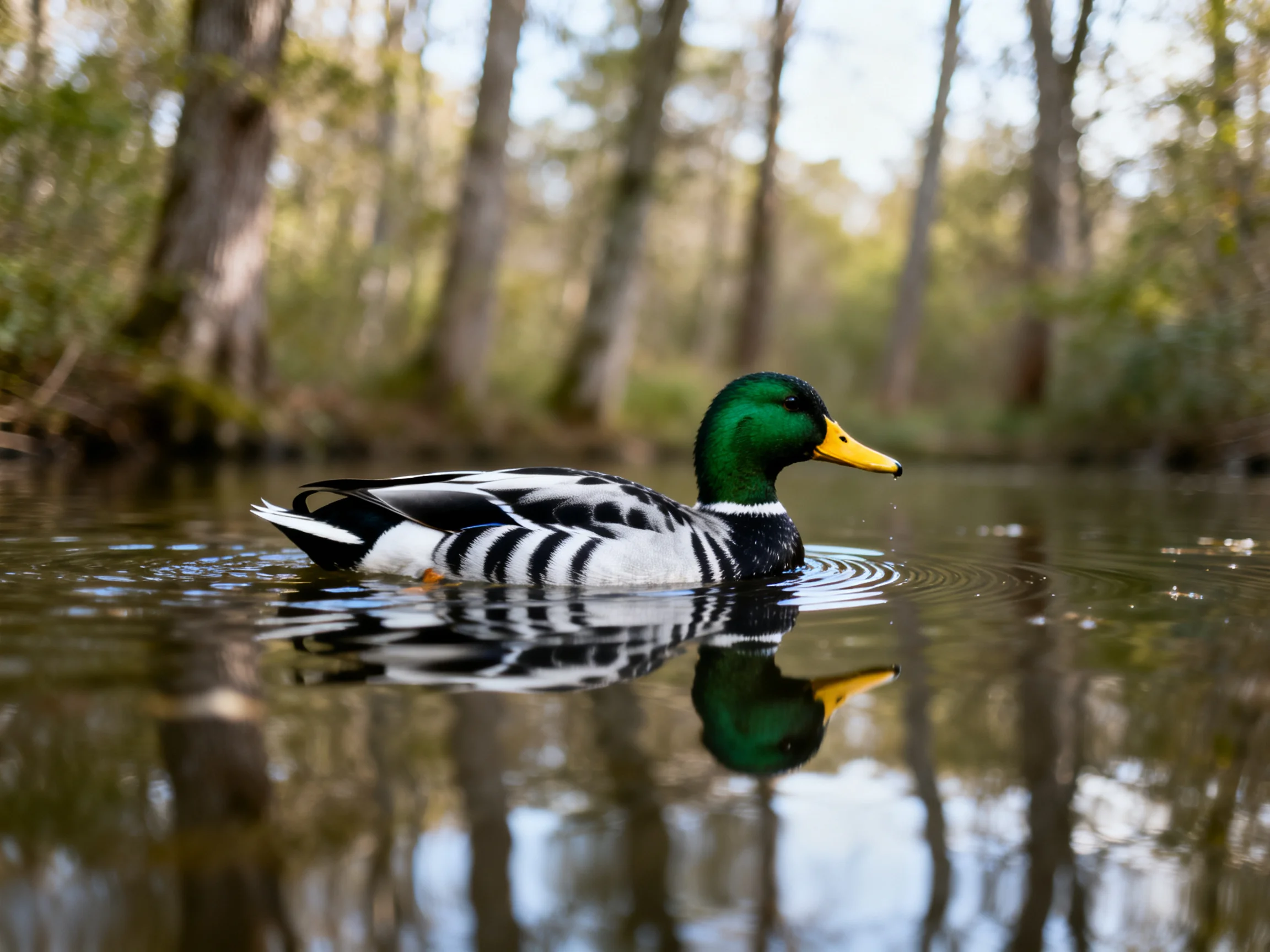 A mallard duck swims in calm forest water