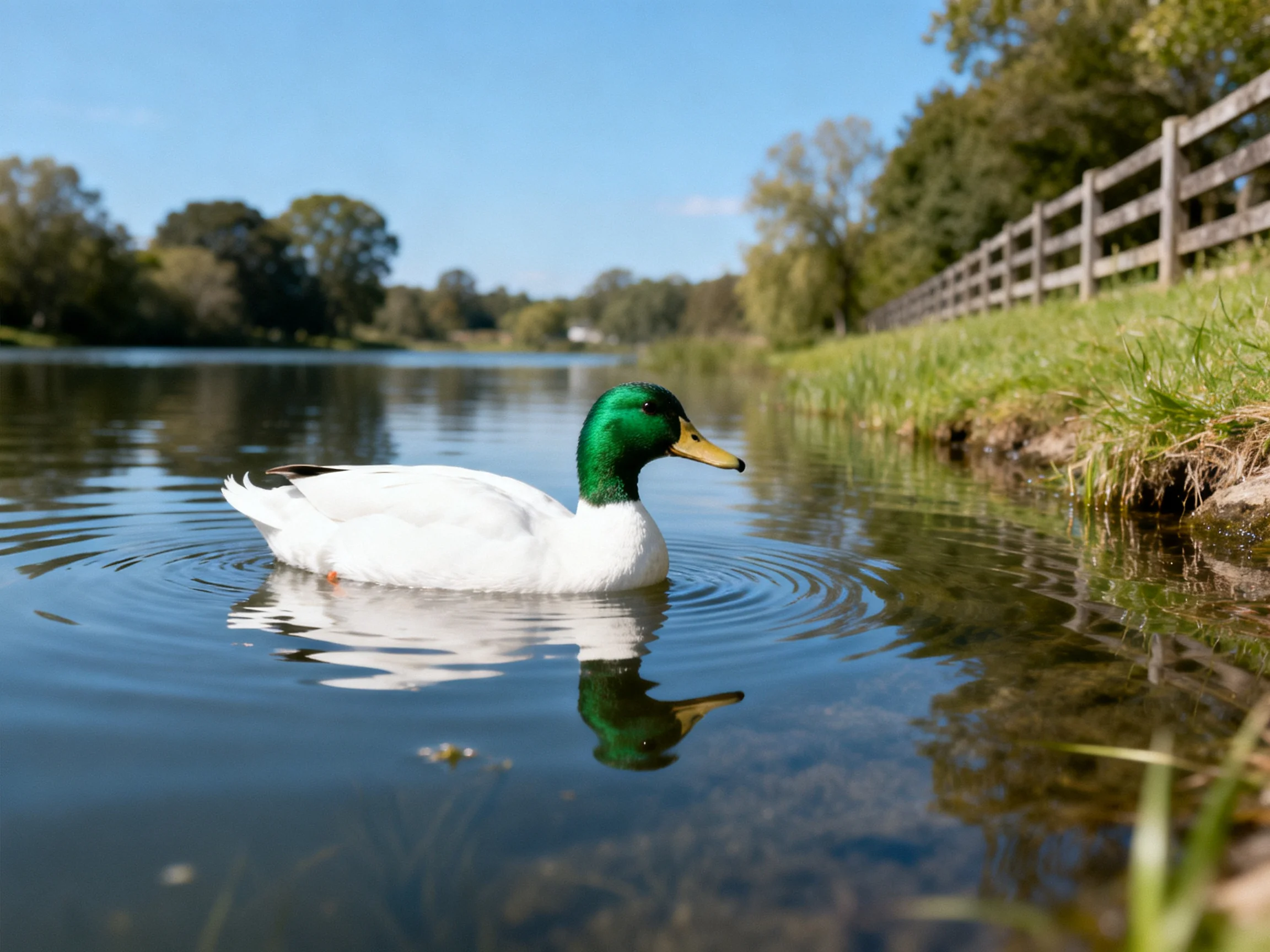 A mallard duck swims in calm water beside a wooden fence