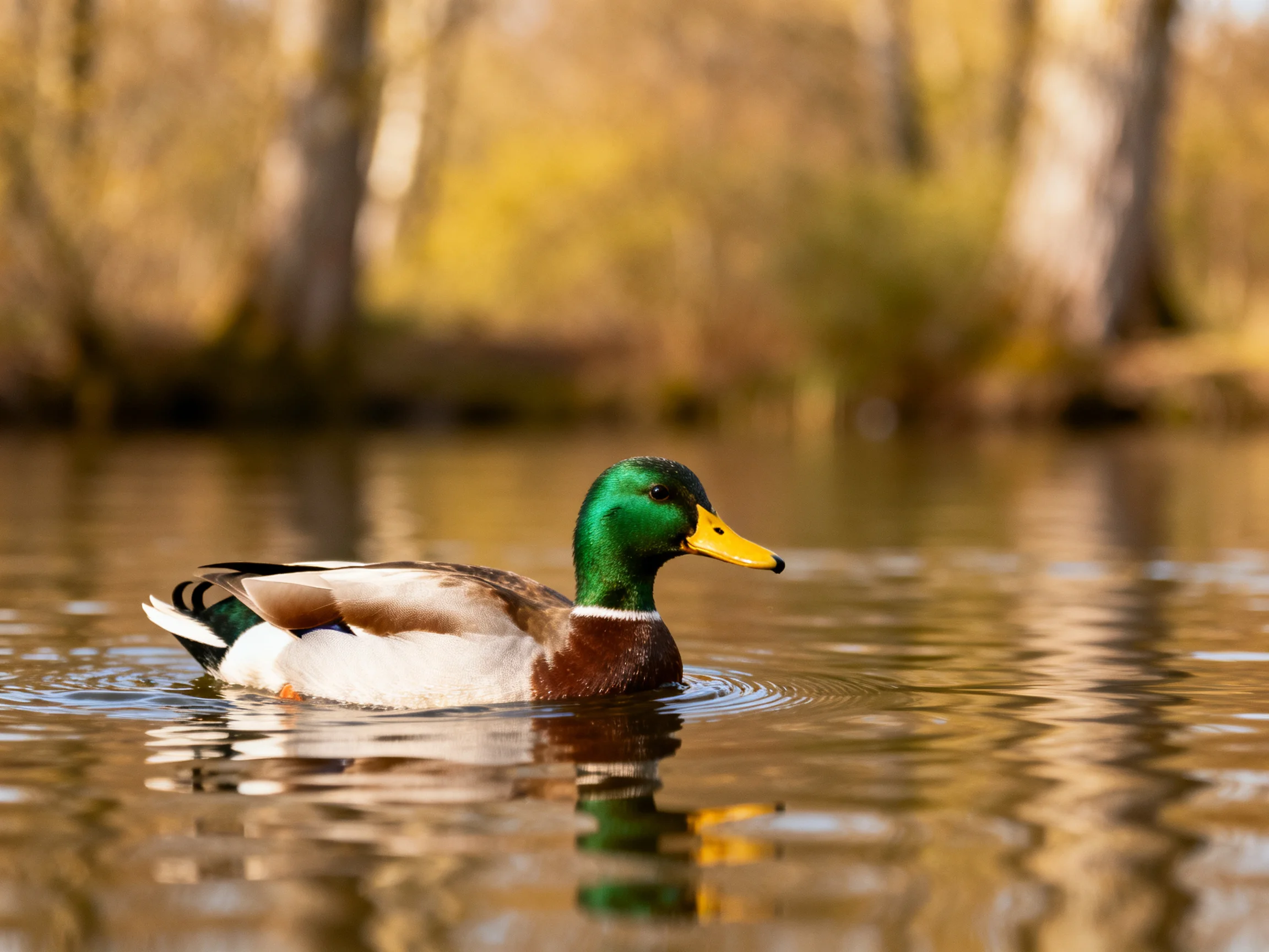 A mallard duck swims in calm water near autumnal trees