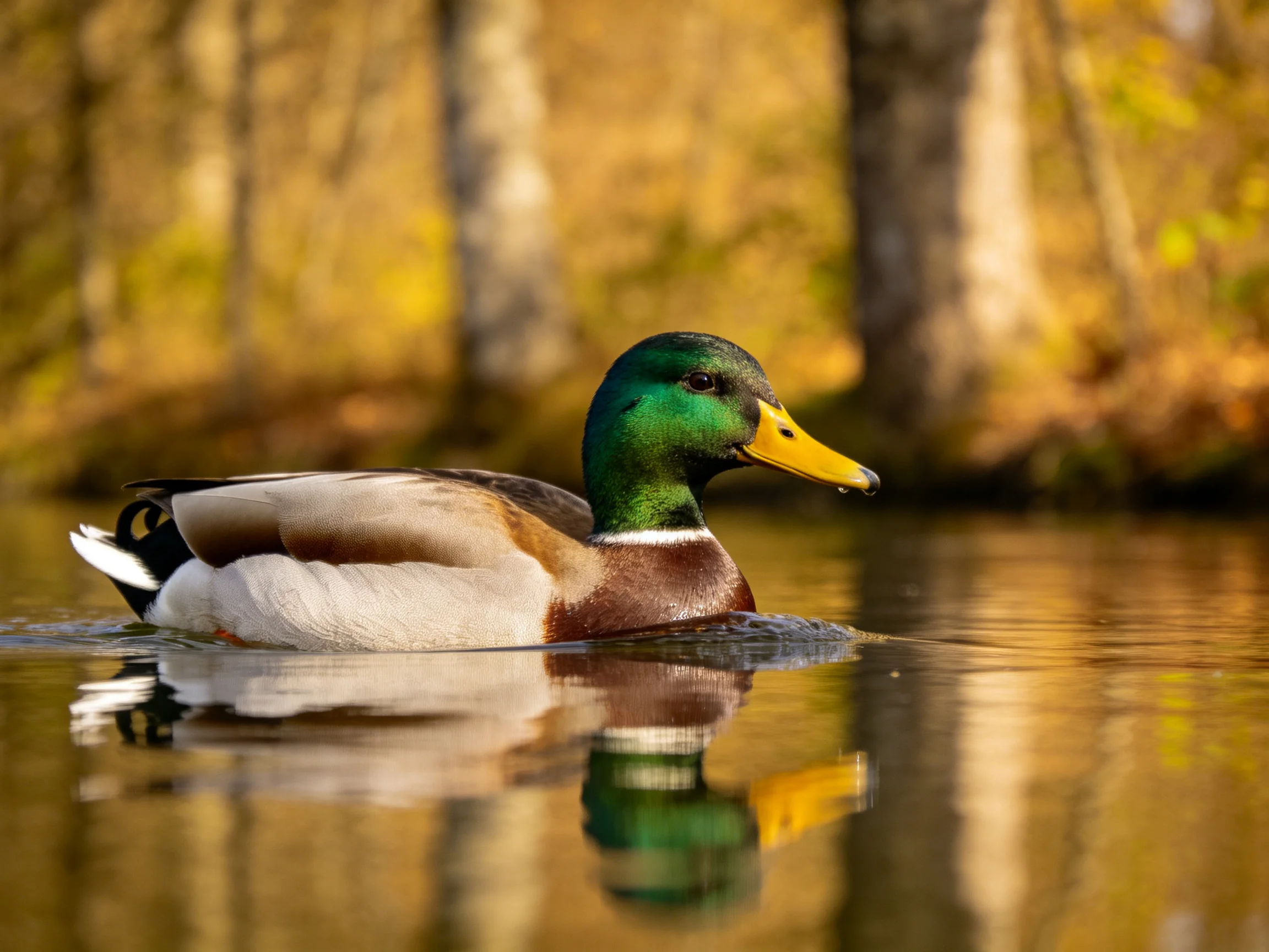 A mallard duck swims in calm water near autumnal trees