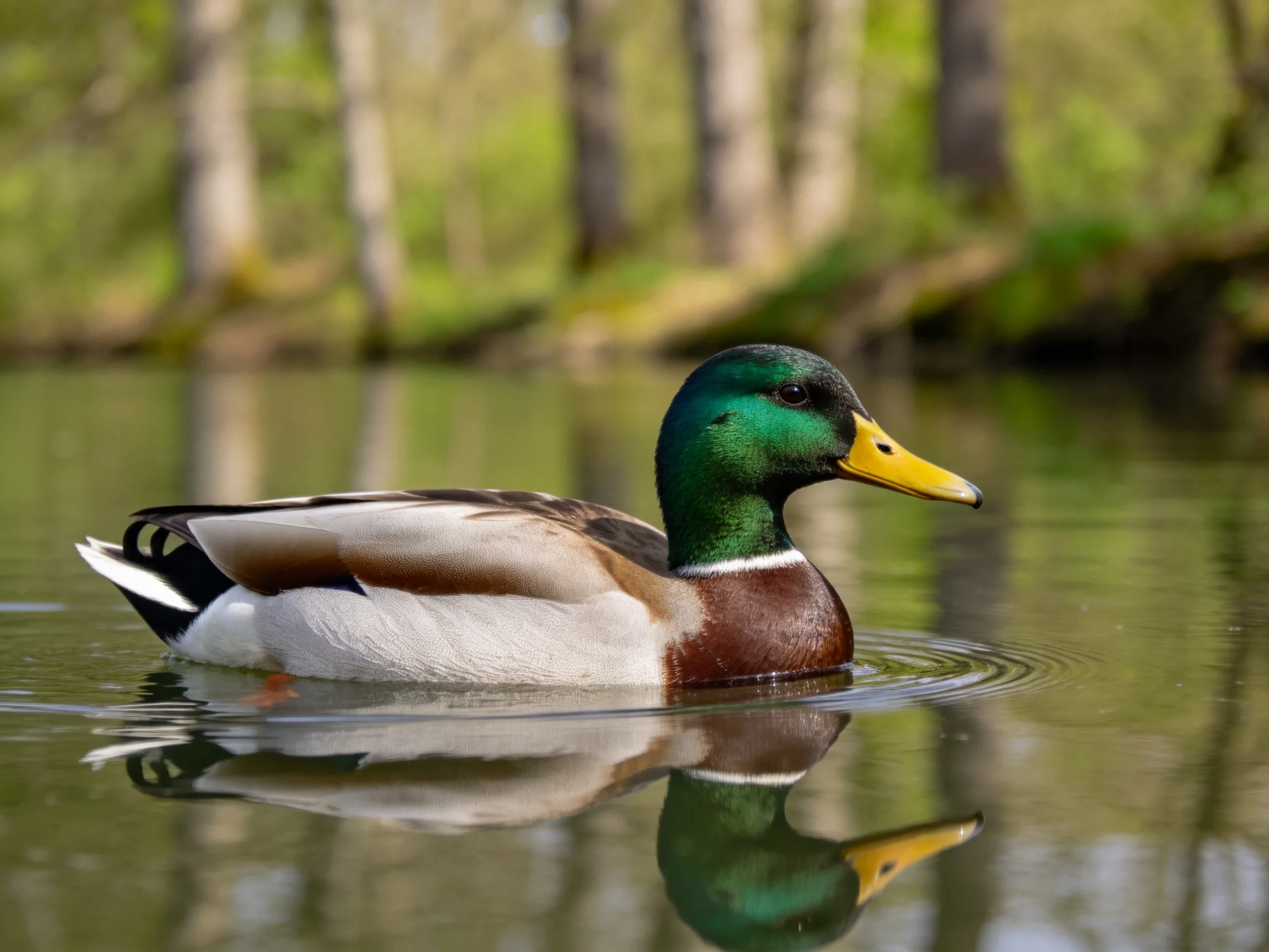 A mallard duck swims in calm water with a forest backdrop