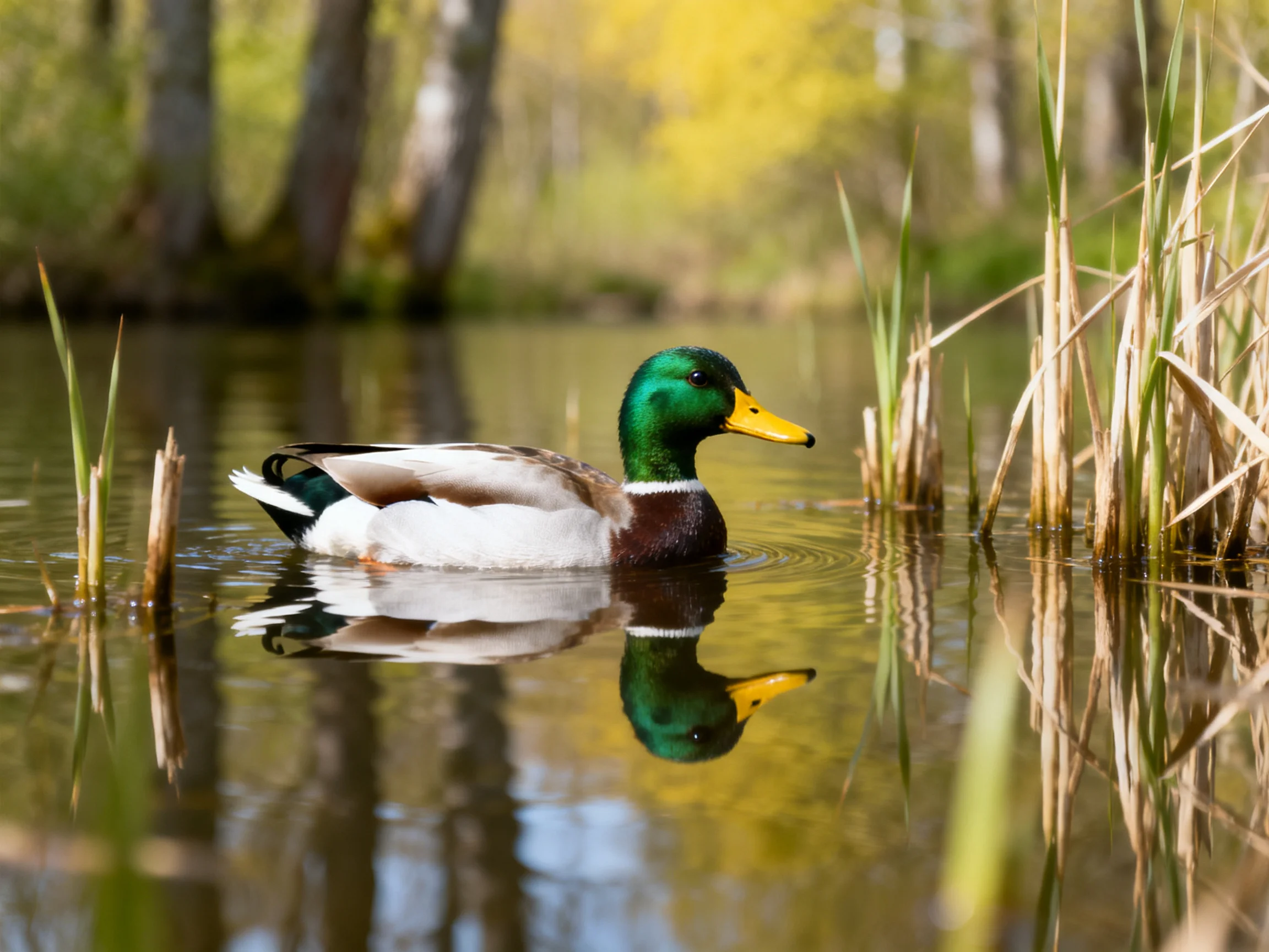 A mallard duck swims in calm waters near tall reeds and trees