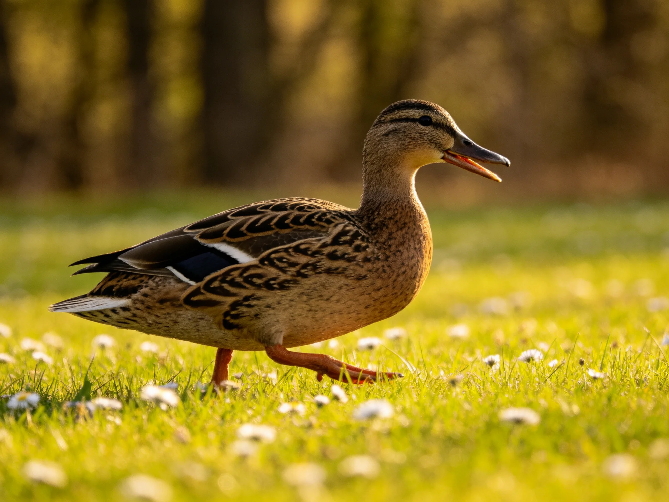 A mallard duck walking through sunlit green grass with white wildflowers