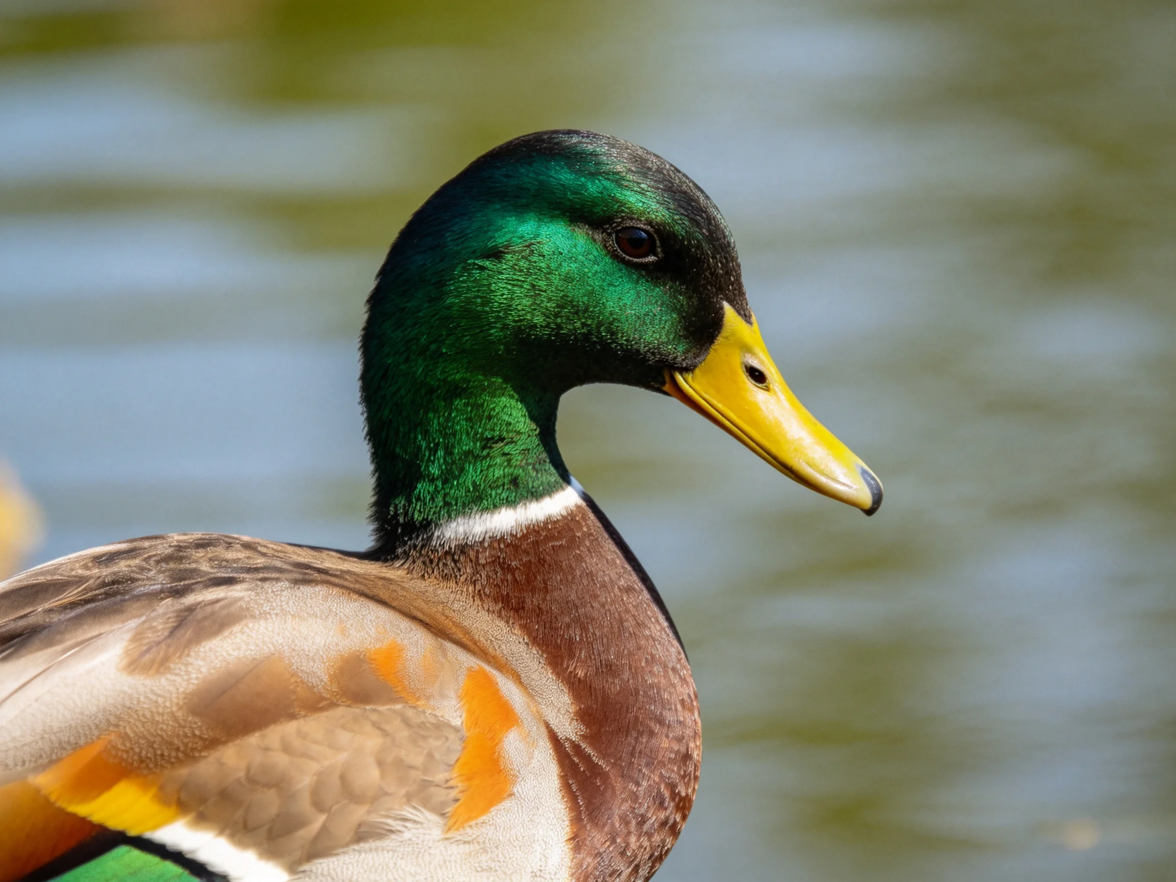 A mallard duck with a green head, yellow bill, and brown plumage by calm water.