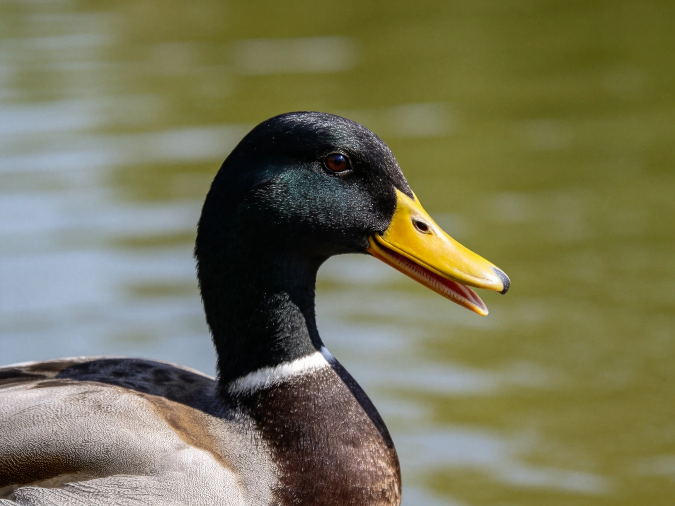 A mallard duck with black head and bright yellow beak near calm water