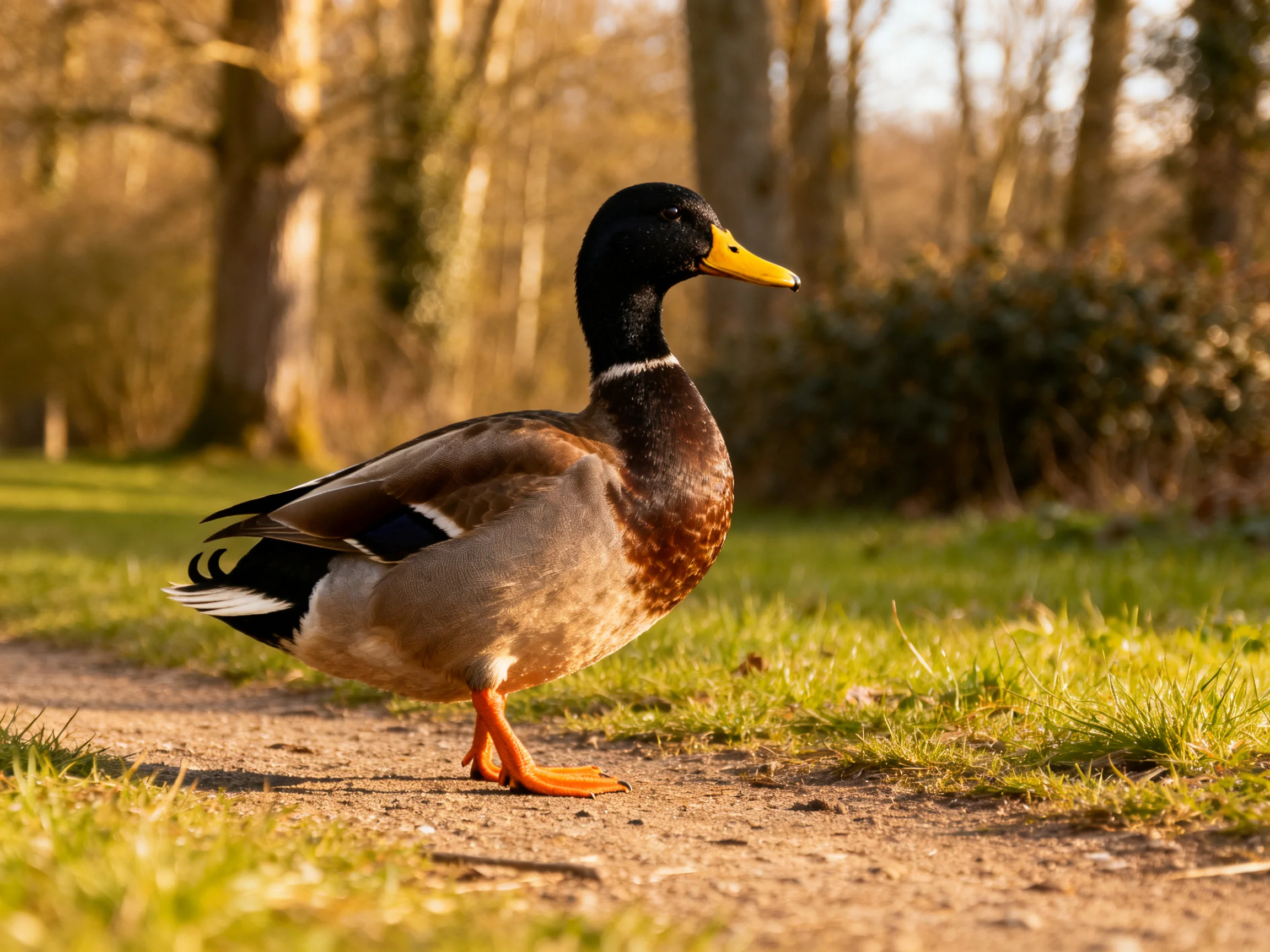 A mallard duck with black head, yellow beak, walking on a dirt path