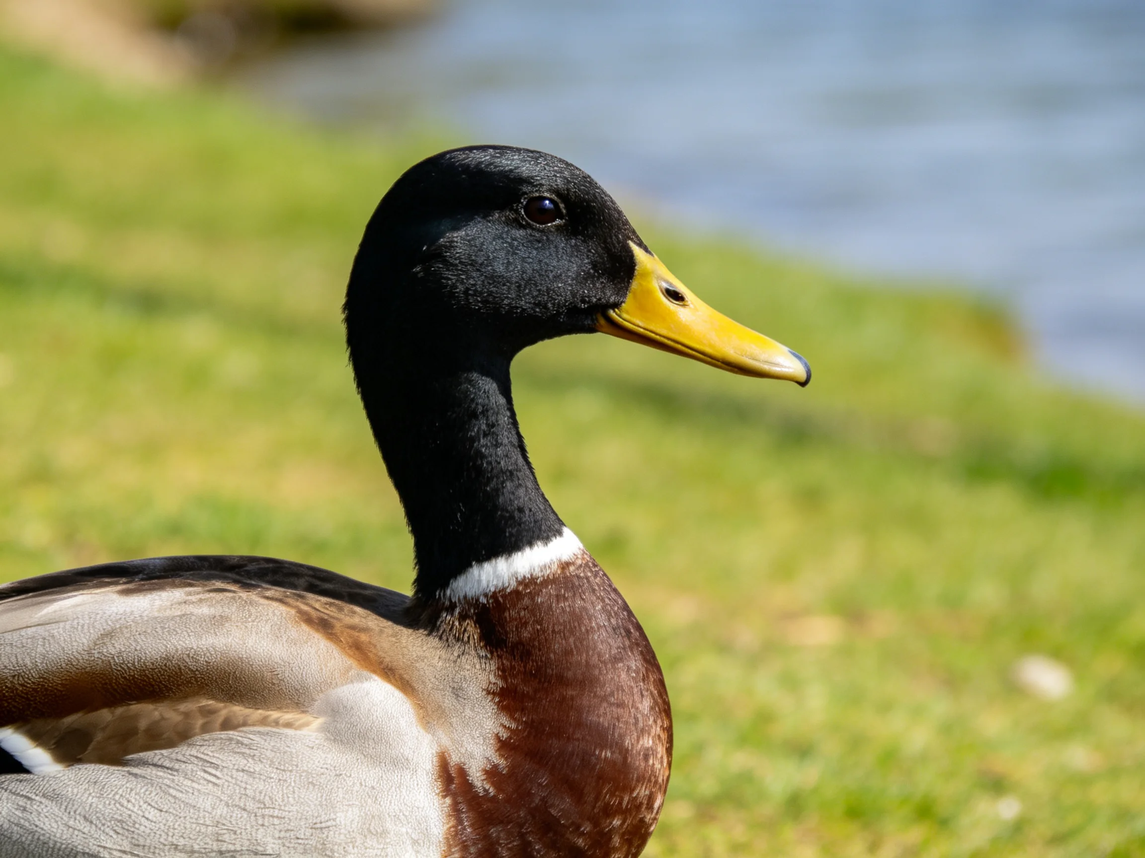A mallard duck with black head, yellow bill, brown chest near water