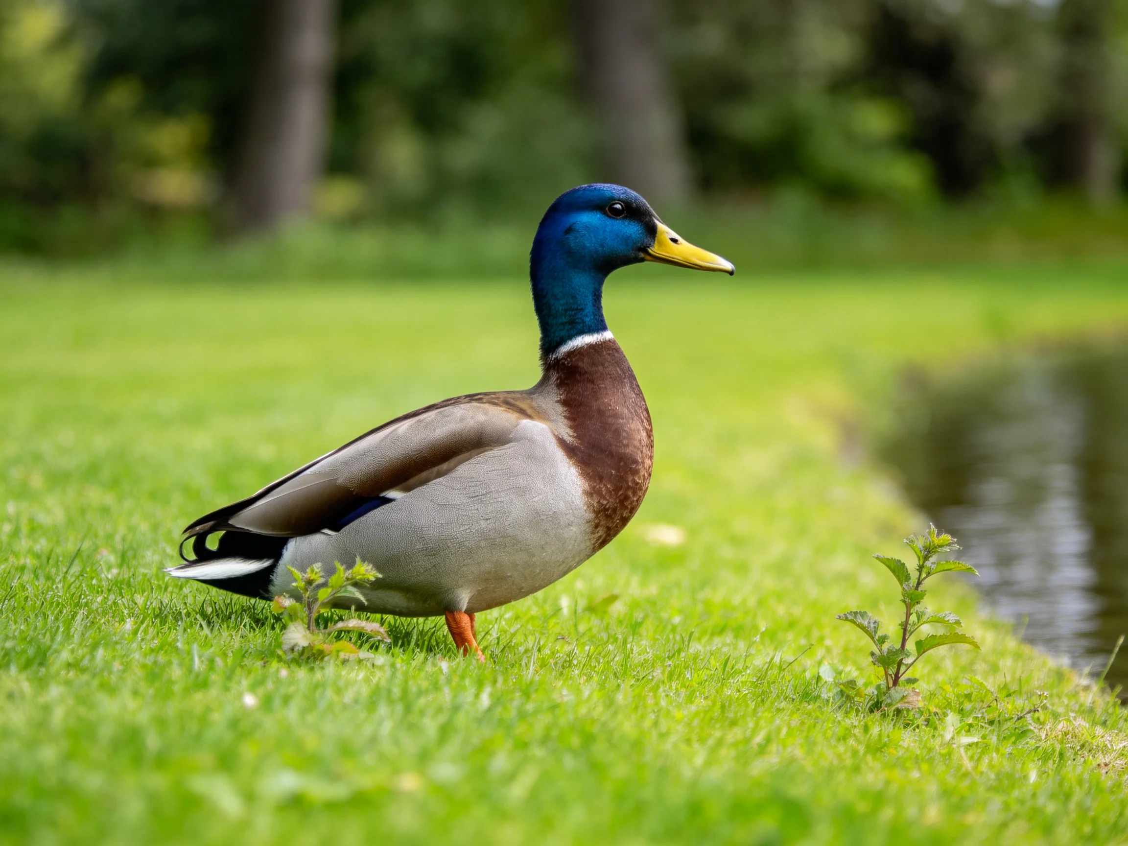 A mallard duck with blue head and brown chest stands on green grass near water