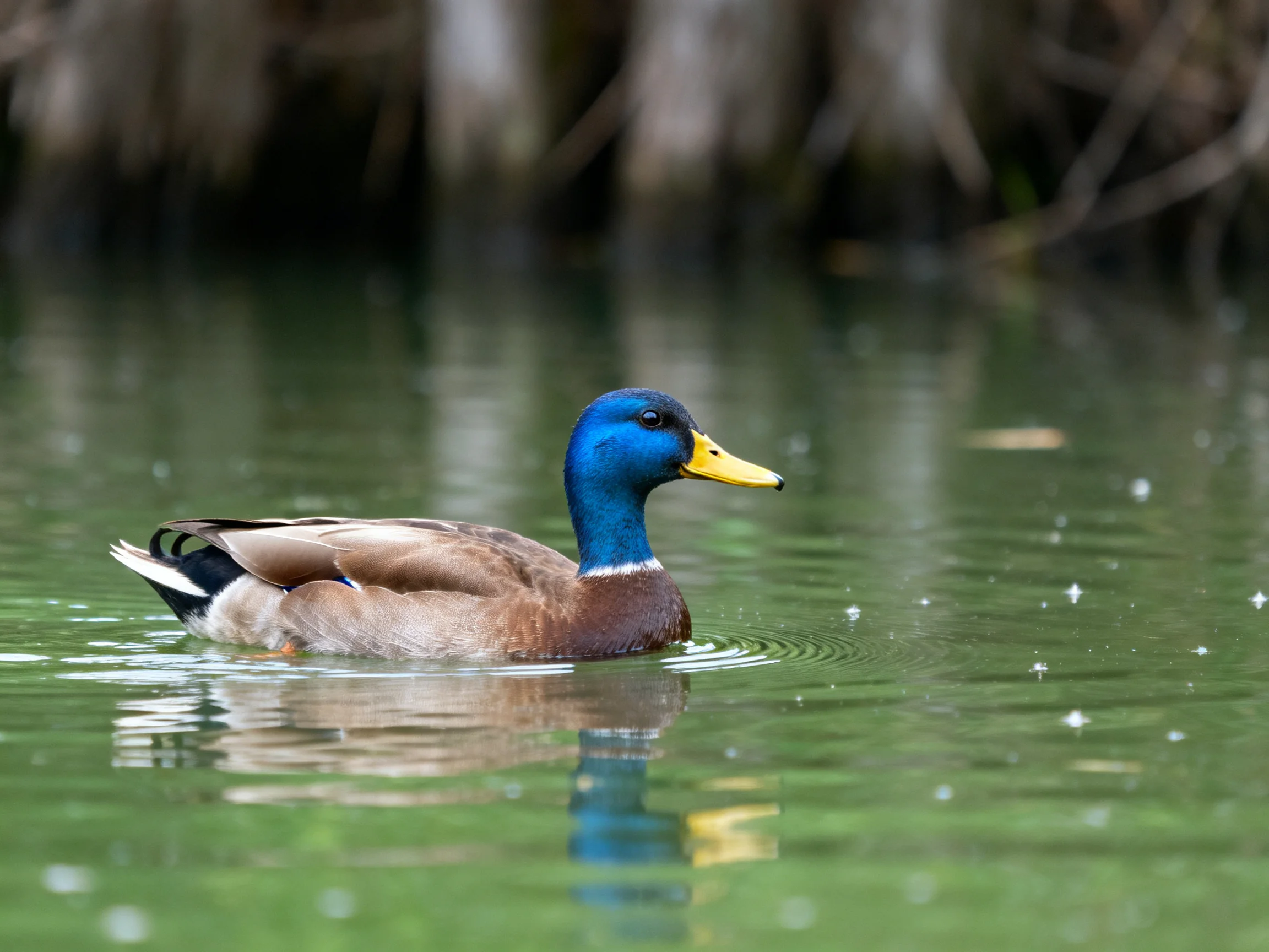 A mallard duck with blue head swims in calm green water