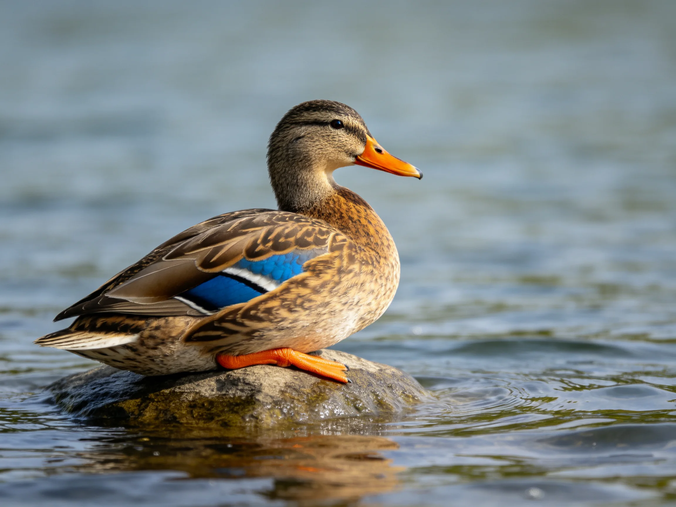 A mallard duck with blue wing patch perched on a wet stone in calm water