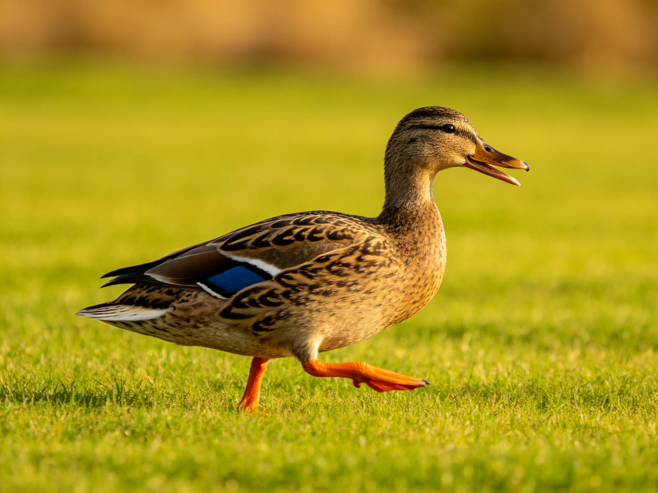 A mallard duck with brown plumage and blue wing markings walking on green grass