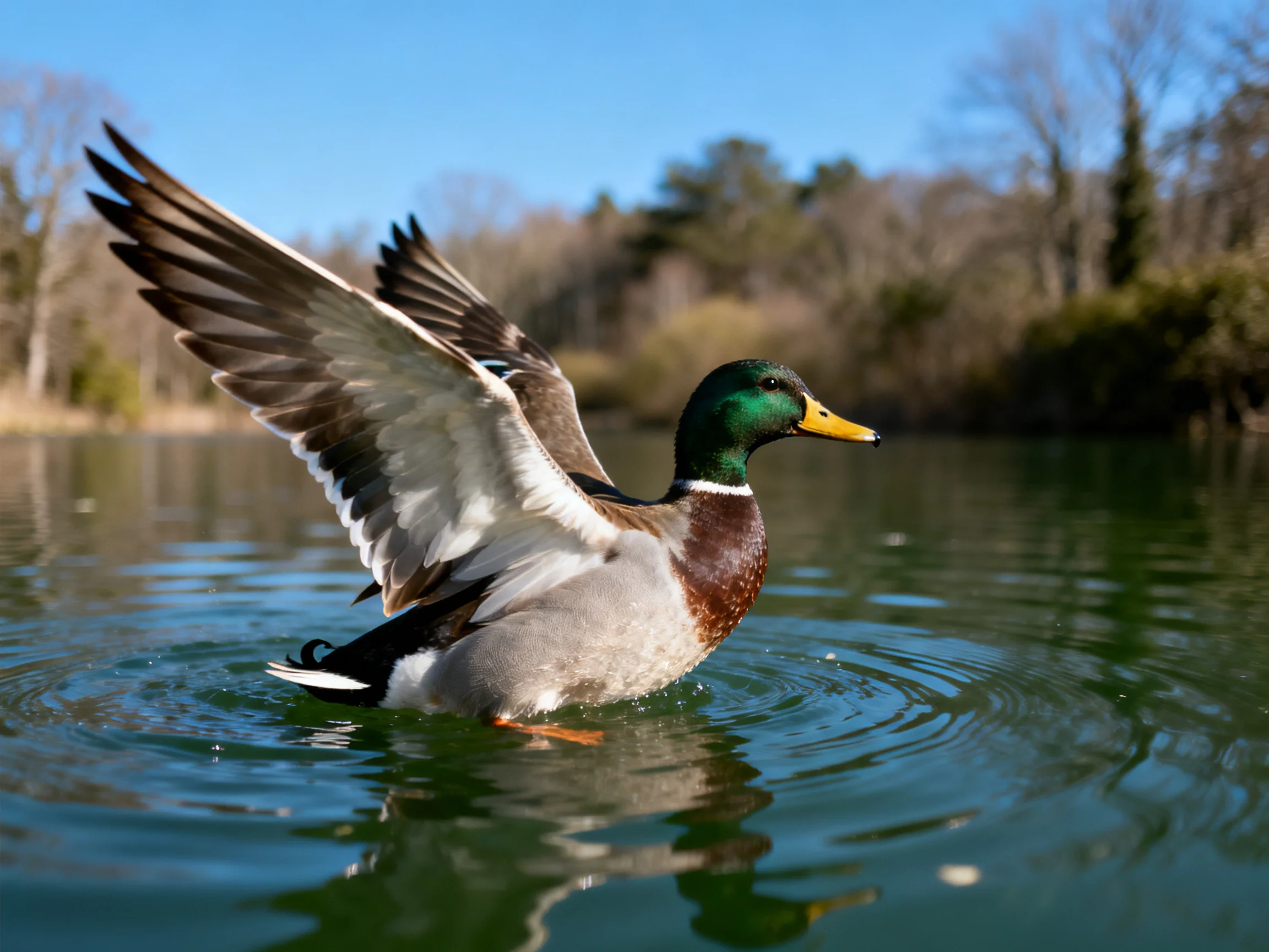 A mallard duck with colorful plumage spreading wings over water