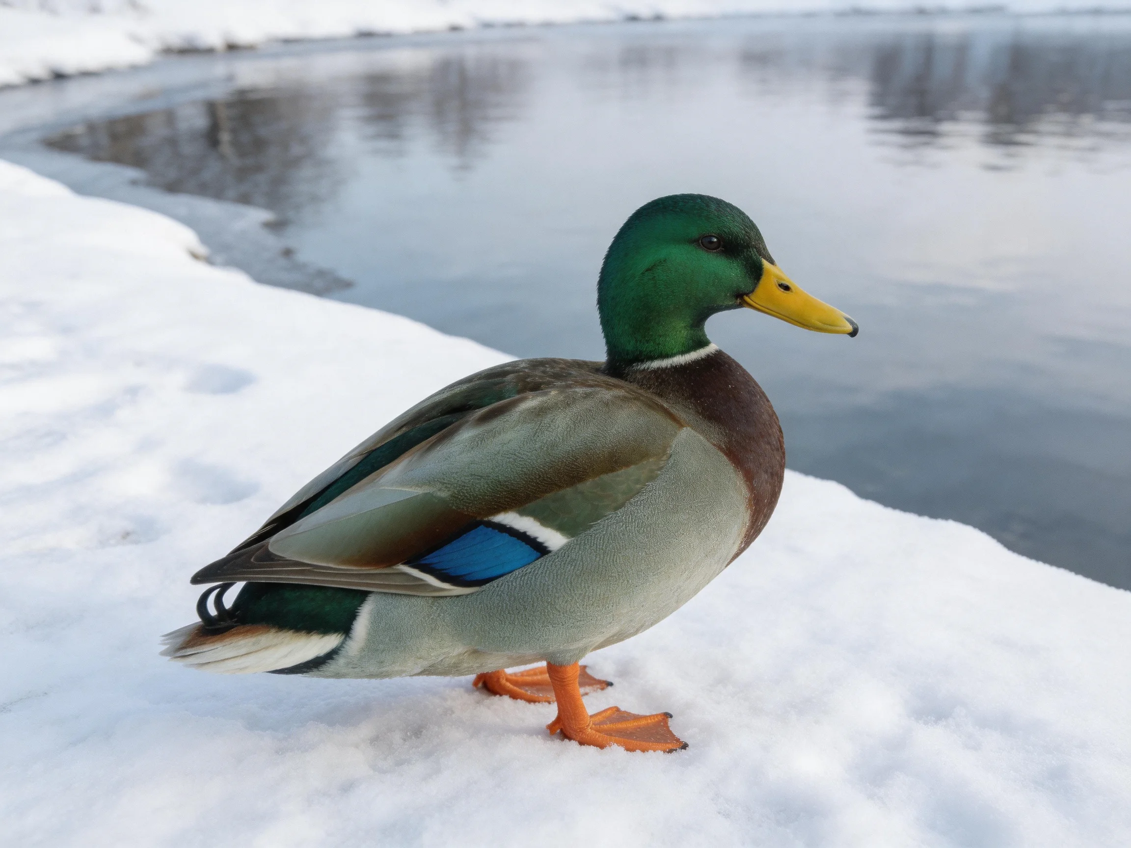 A mallard duck with green head and blue wing patch stands on snow near water