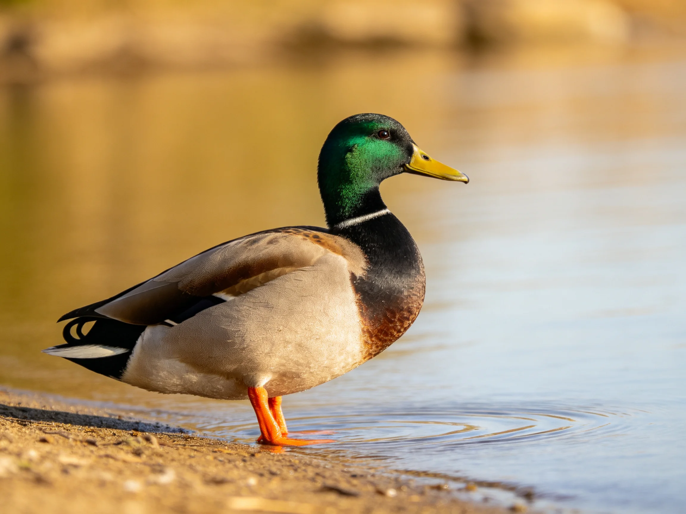 A mallard duck with green head and yellow beak by calm water