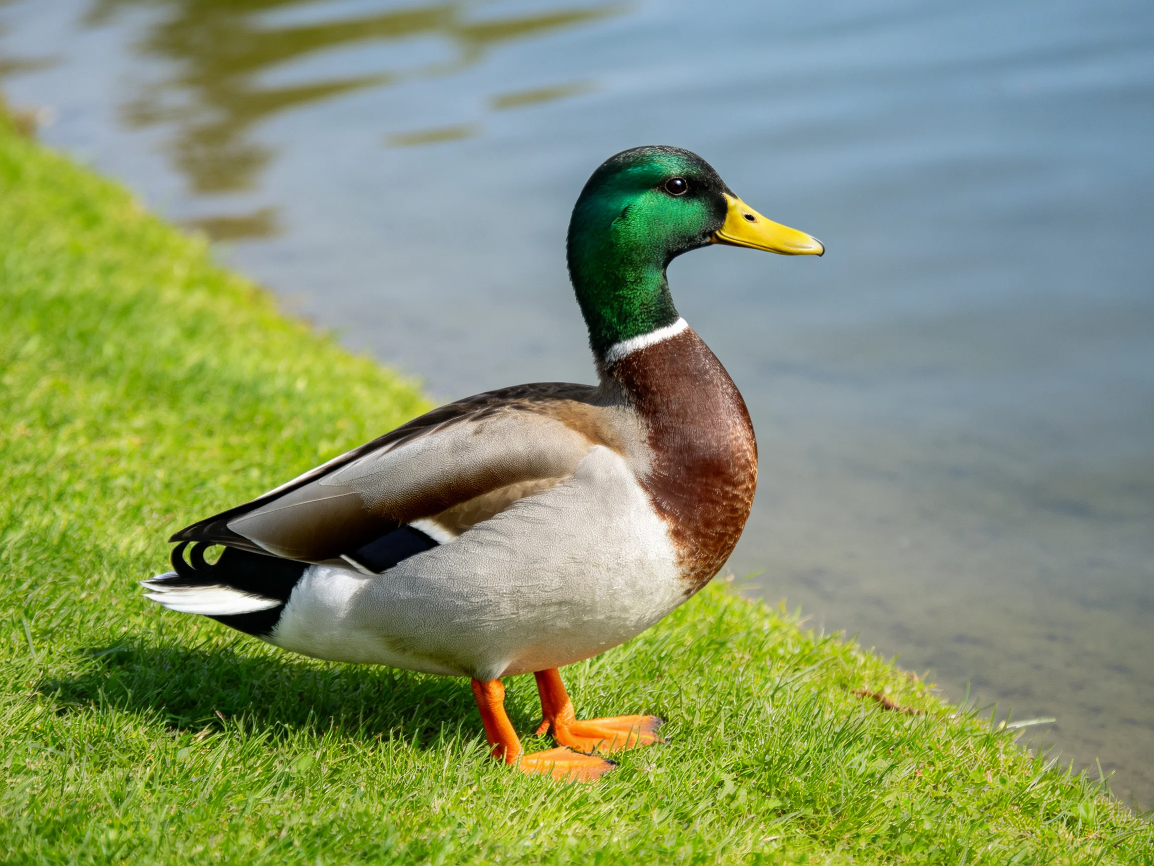 A mallard duck with green head, brown chest, near water and grass