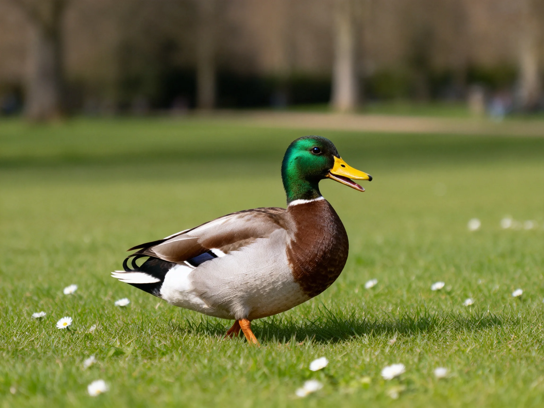 A mallard duck with green head, brown chest, on grass with white flowers