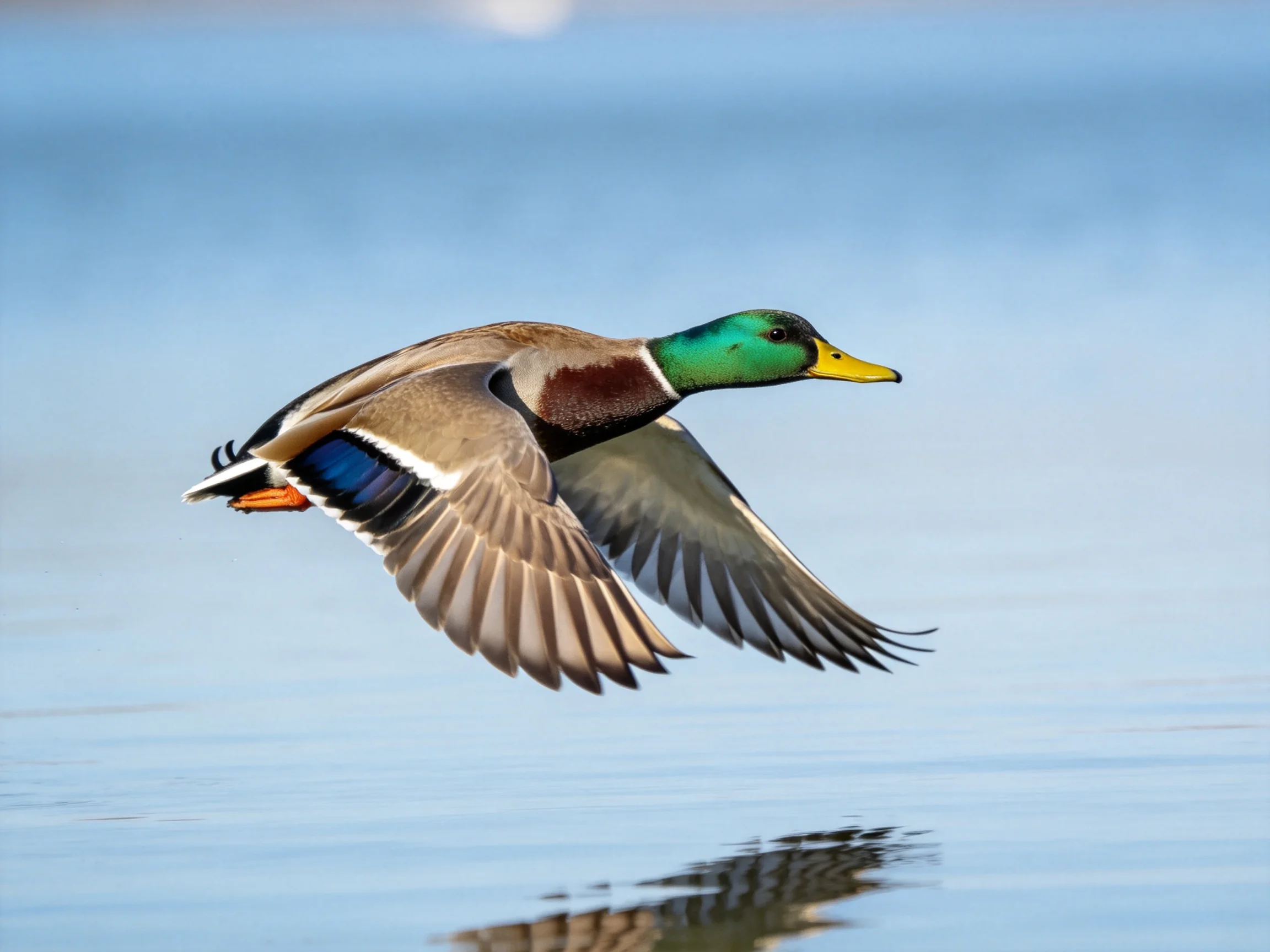 A mallard duck with green head flies over calm blue water