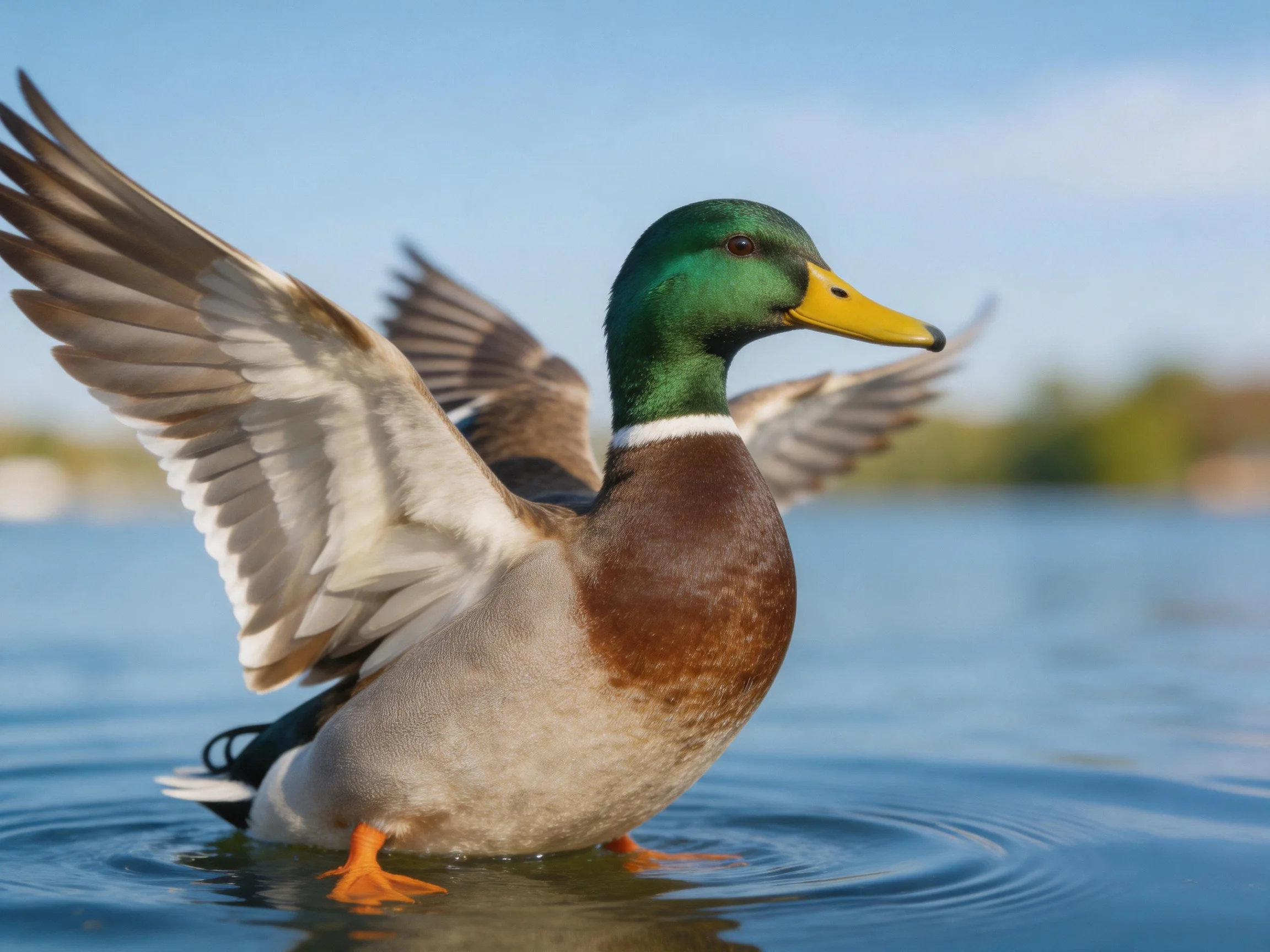 A mallard duck with green head spreading wings in calm water