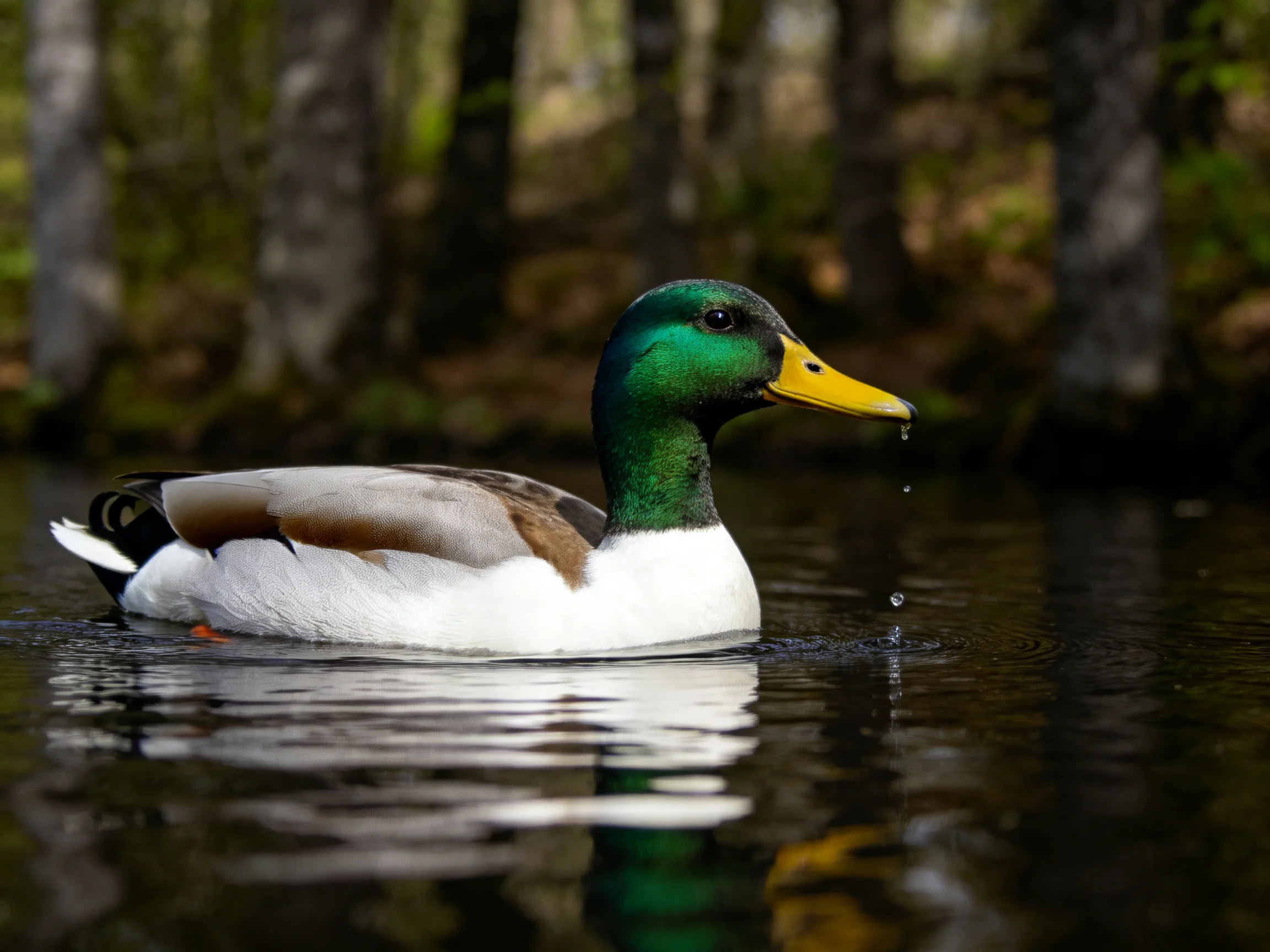 A mallard duck with green head swims in calm water near trees