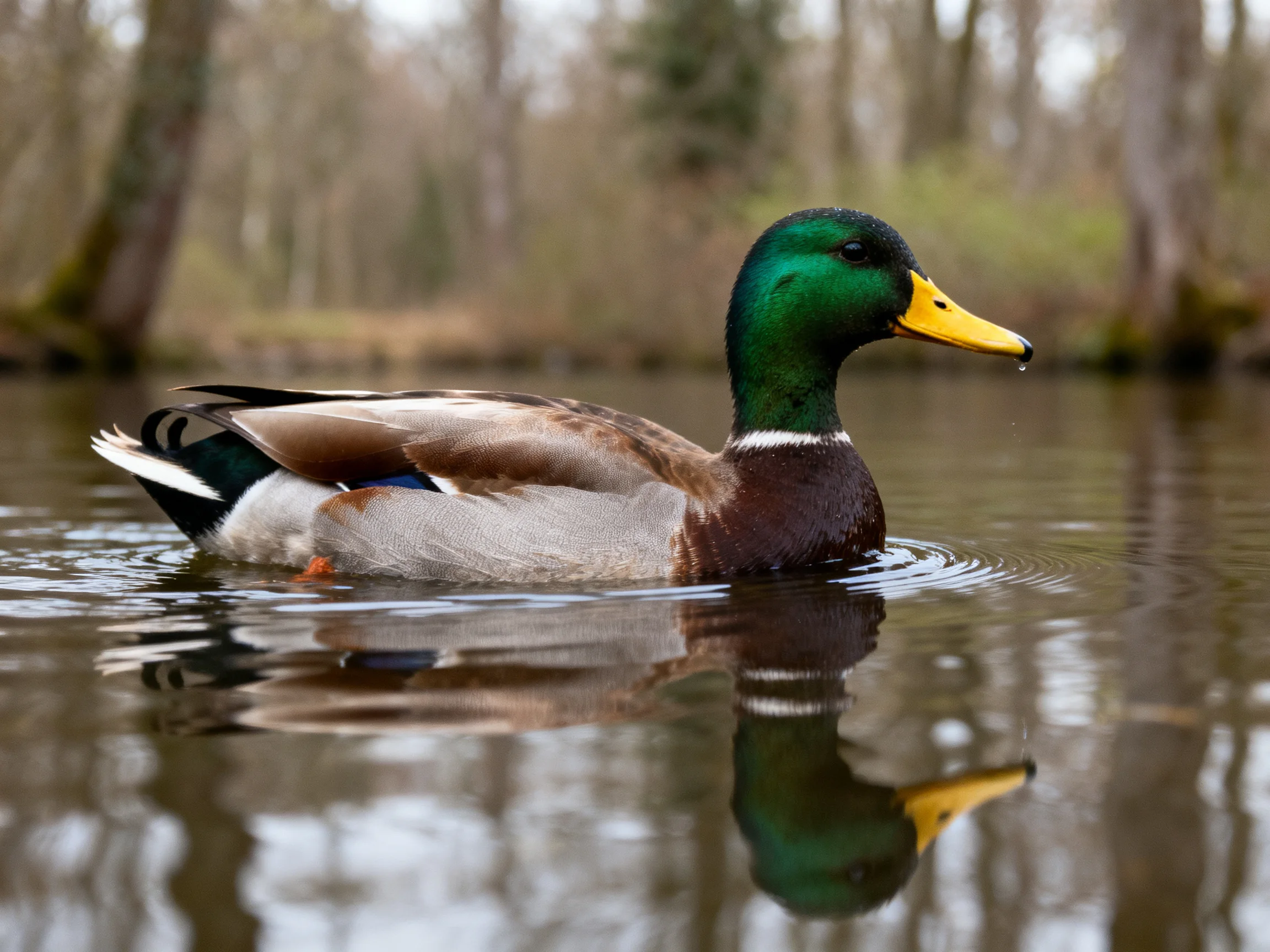 A mallard duck with green head swims in calm water near trees
