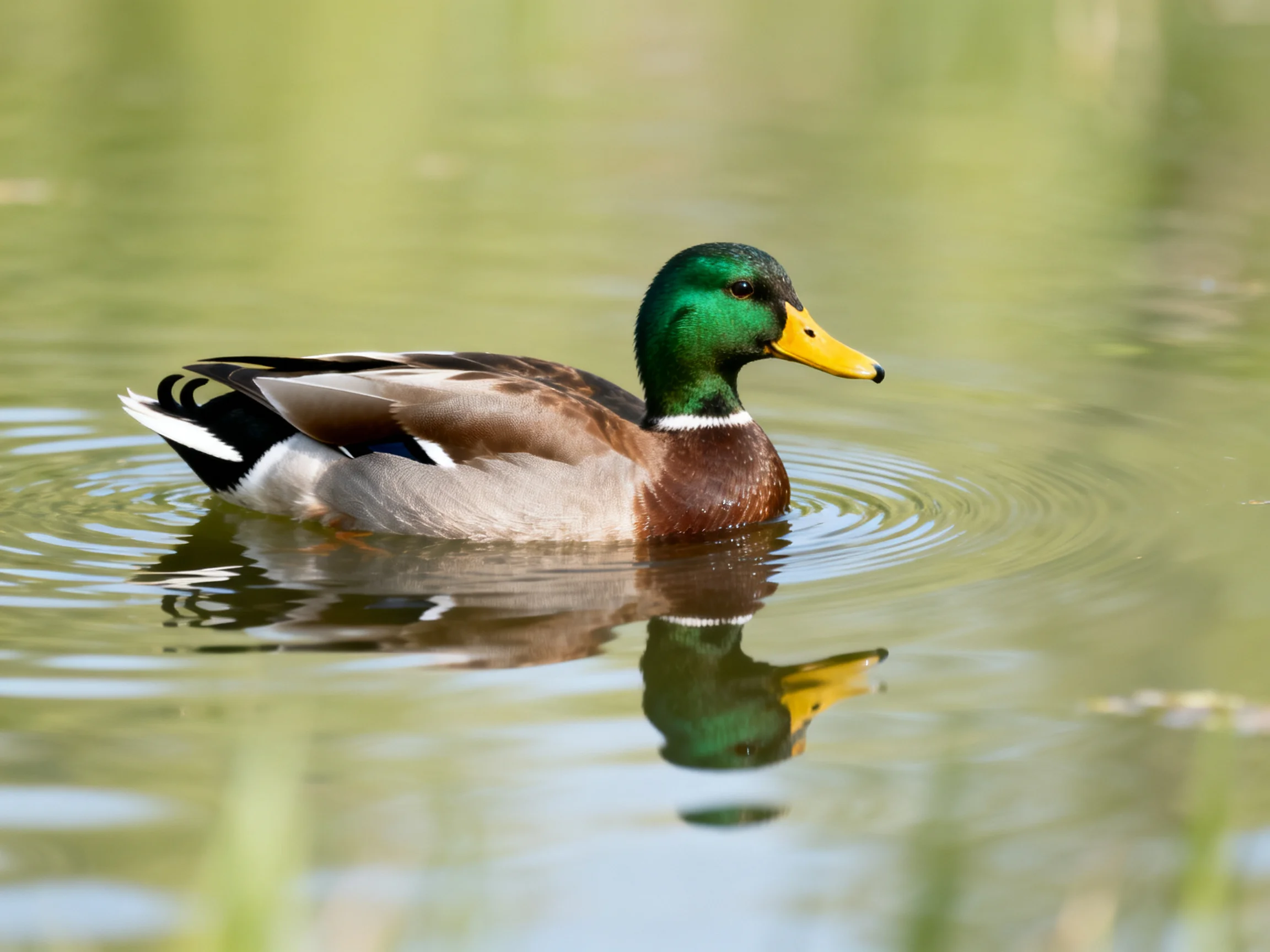A mallard duck with green head swims in calm water