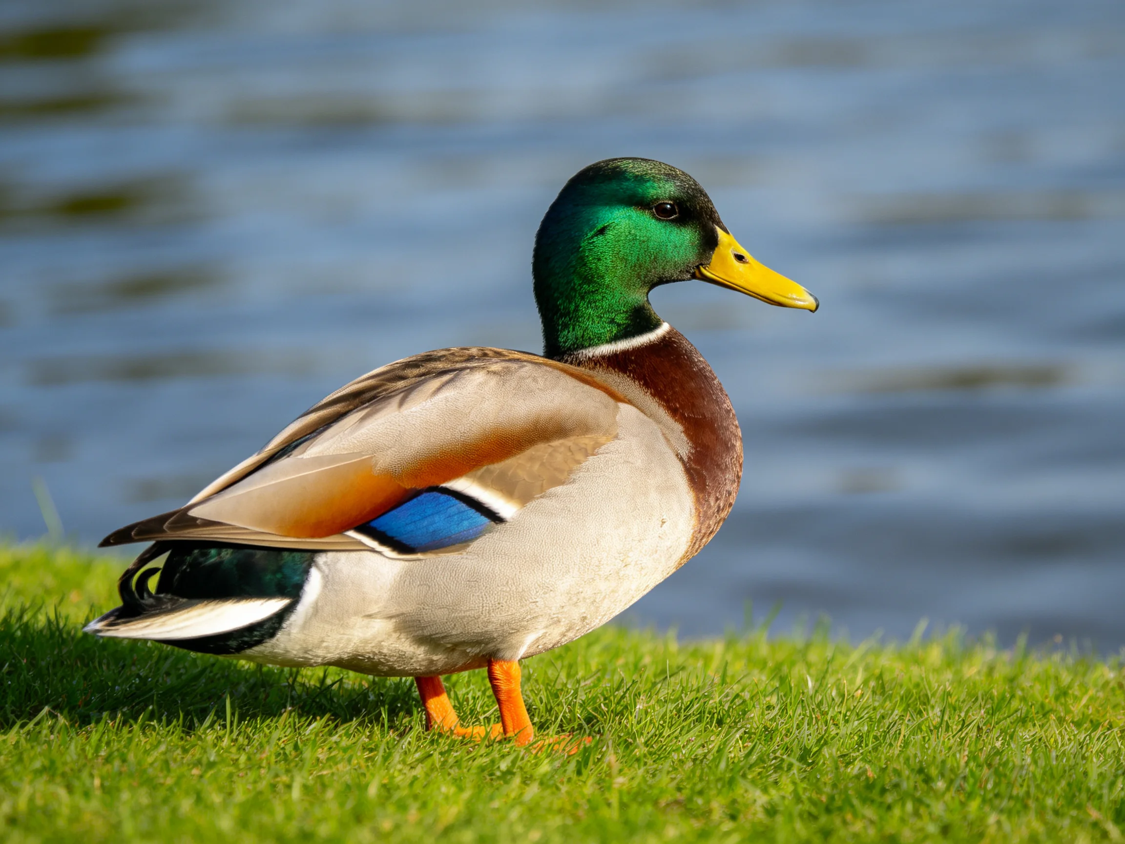 A mallard duck with green head, yellow beak, and colorful plumage near water
