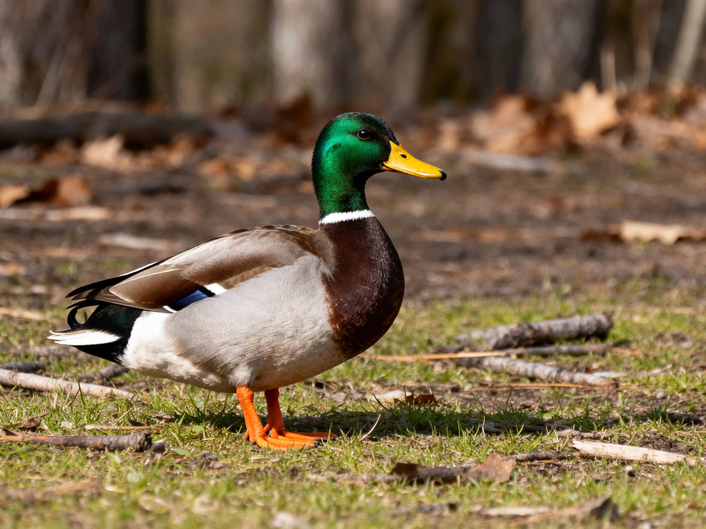 A mallard duck with green head, yellow beak, and orange feet on grassy terrain