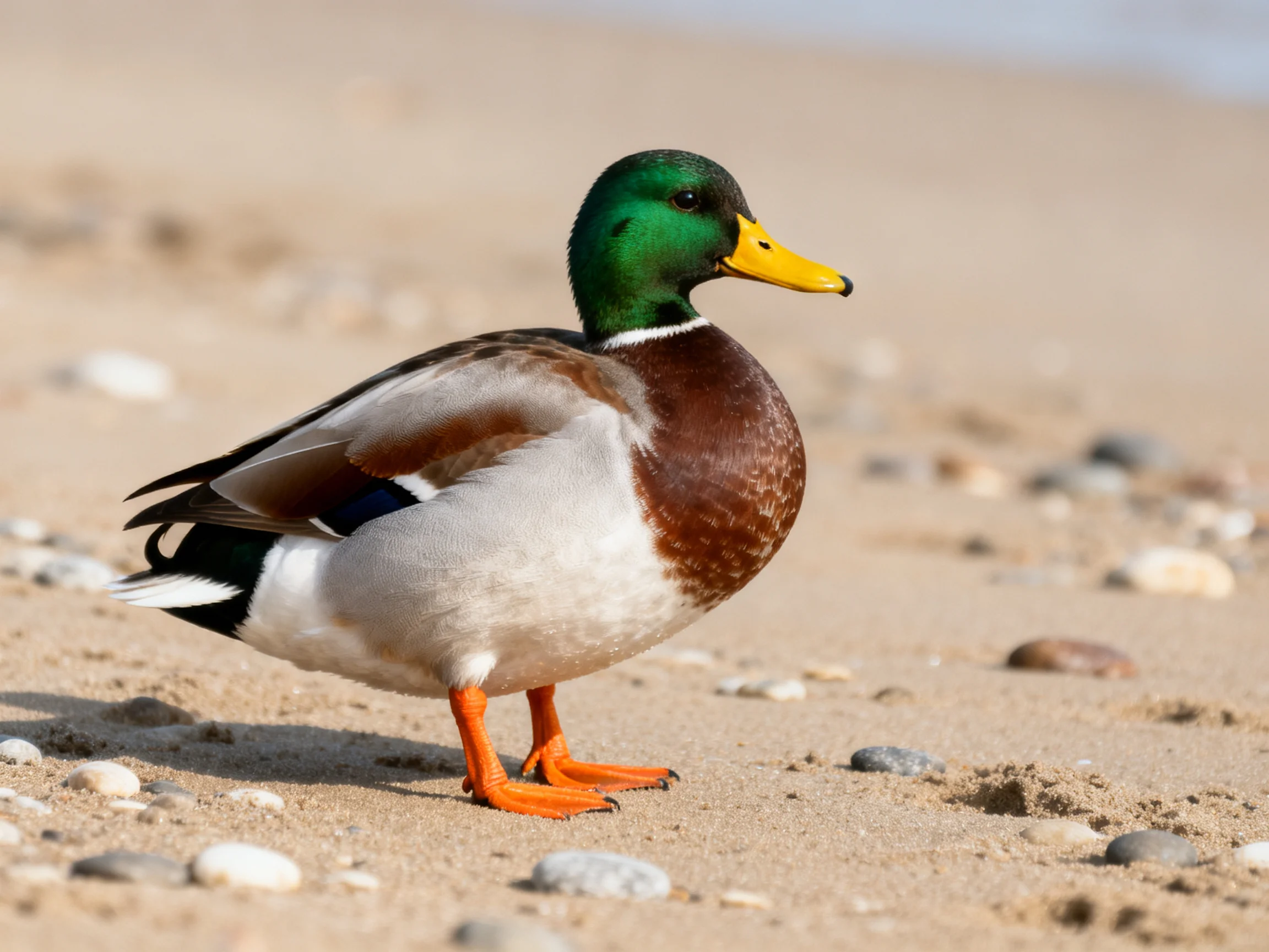 A mallard duck with green head, yellow beak, and orange feet on sandy shore