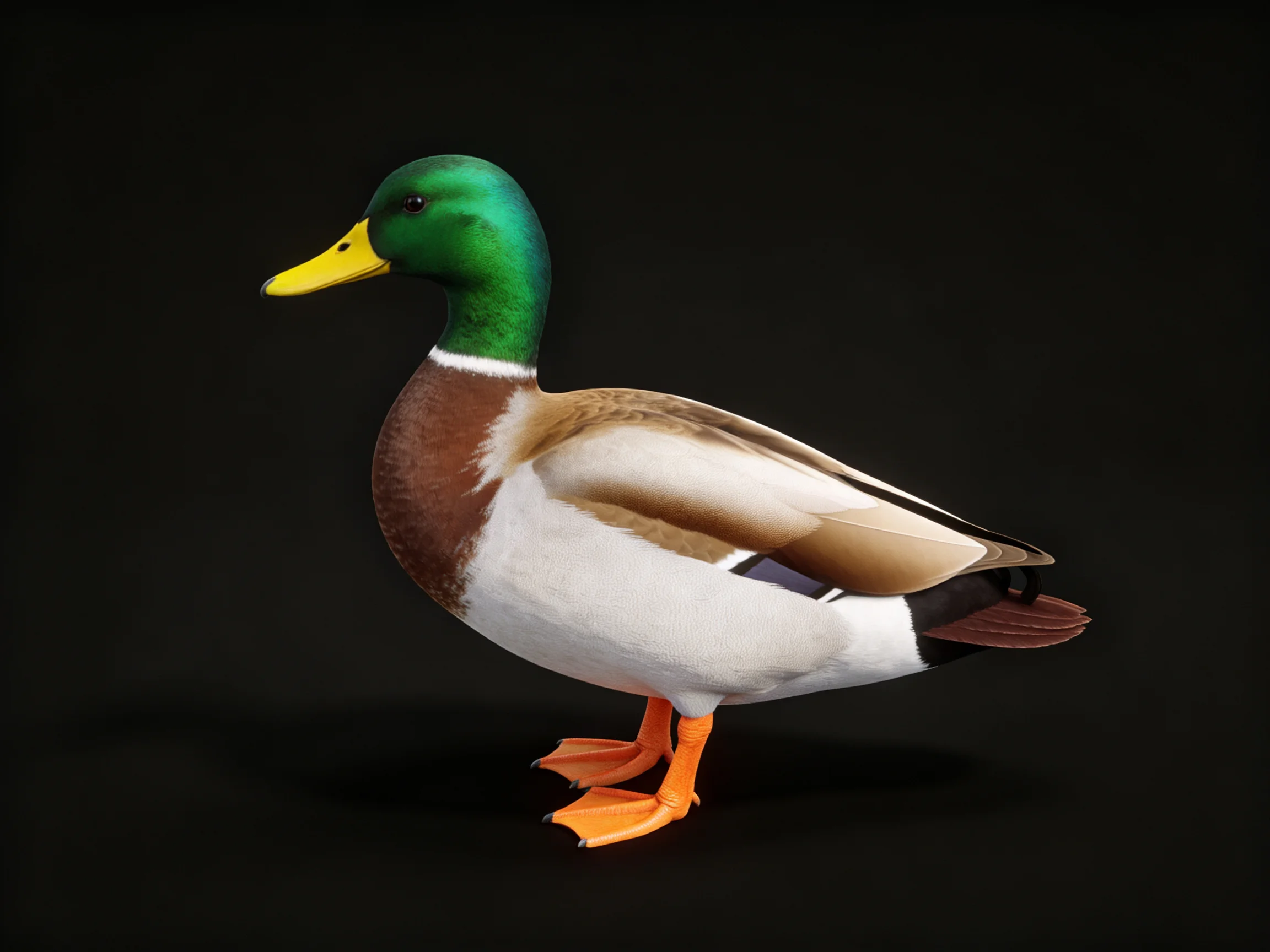 A mallard duck with green head, yellow beak, brown chest, white body, orange feet