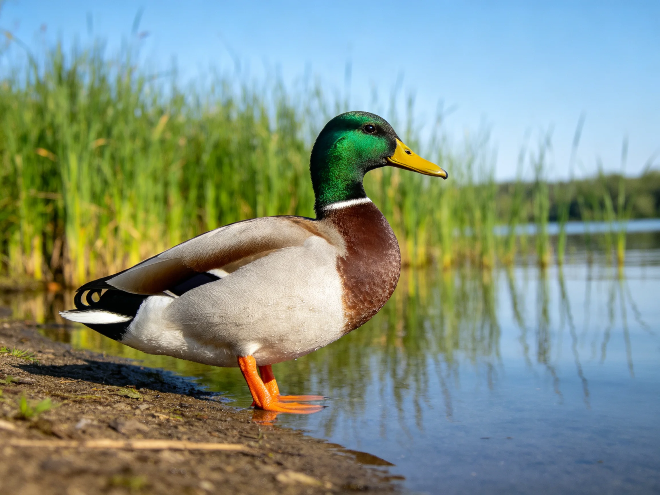 A mallard duck with green head, yellow beak, near calm water