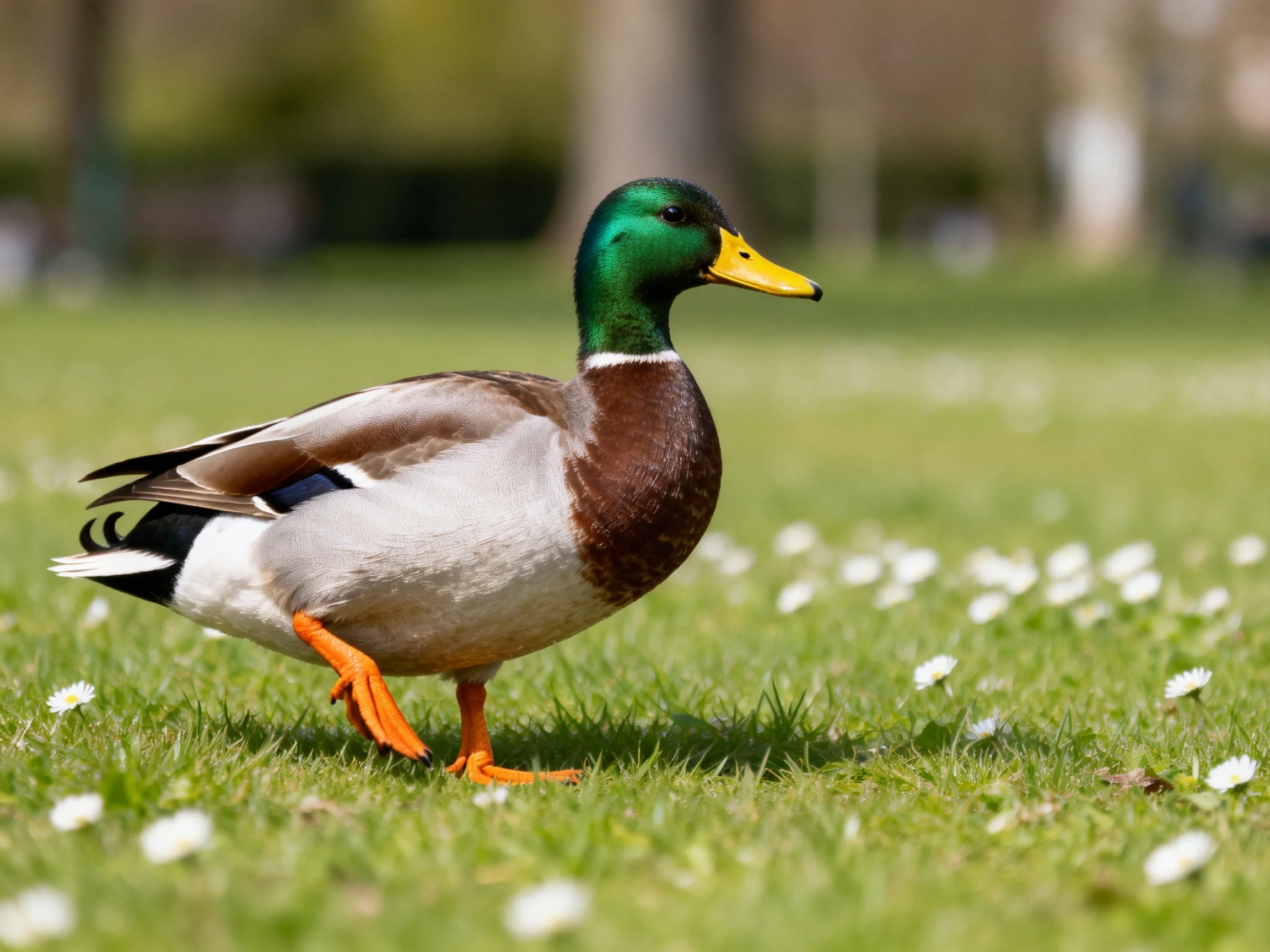 A mallard duck with green head, yellow beak, on flowered grass